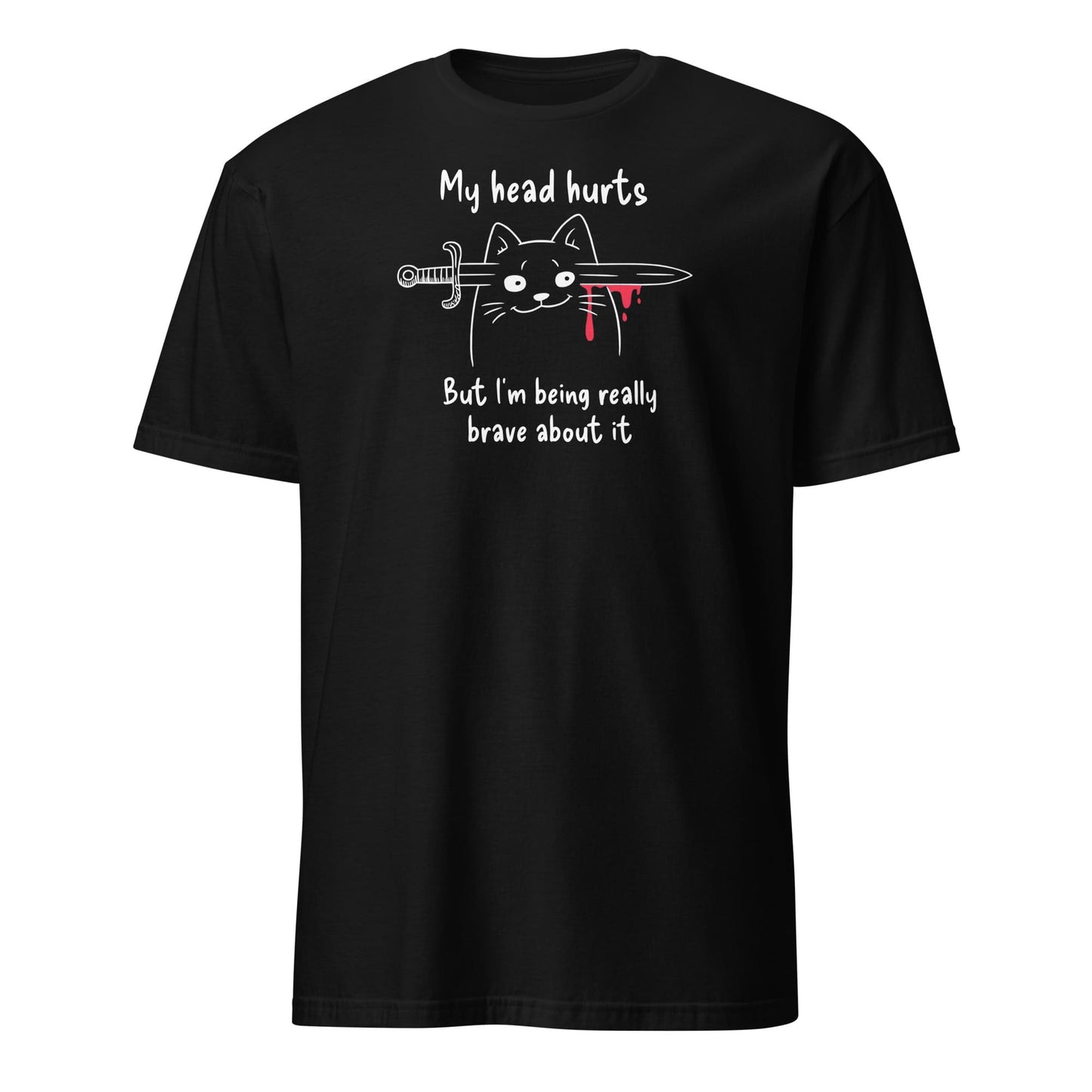 Black t-shirt with a graphic of a cat and text on a white background: My Head Hurts Shirt, Headache Tee, Chronic Migraine Warrior, Morbid Cat Meme, Funny Spoonie Gift, Mental Illness T-Shirt, Dark Humor