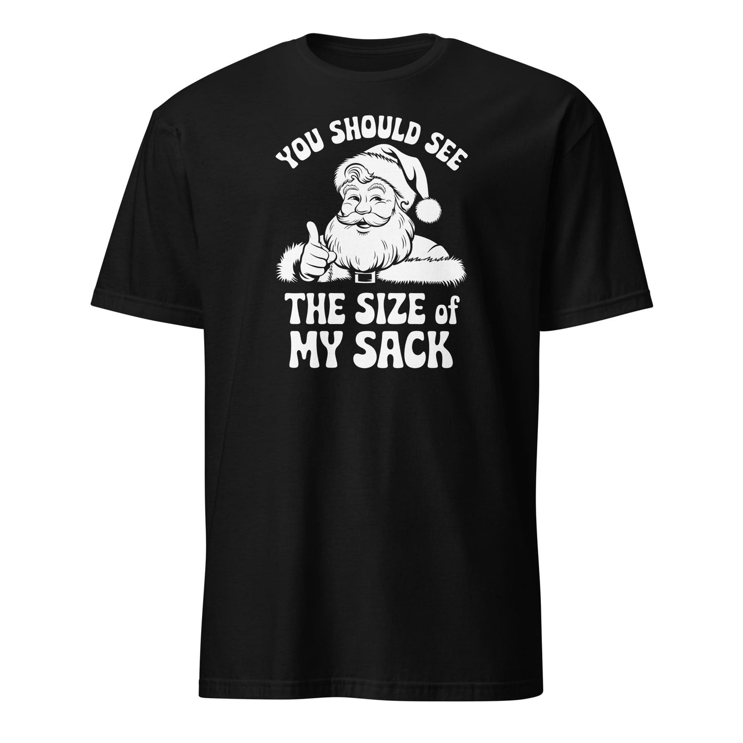 Black t-shirt with Santa Claus graphic and text on a white background: Rude Santa Men's T-Shirt, Funny Adult Humor Christmas Tee, Holiday Season Gift, Boyfriend Shirt, Spicy Husband Present, Gift For Him