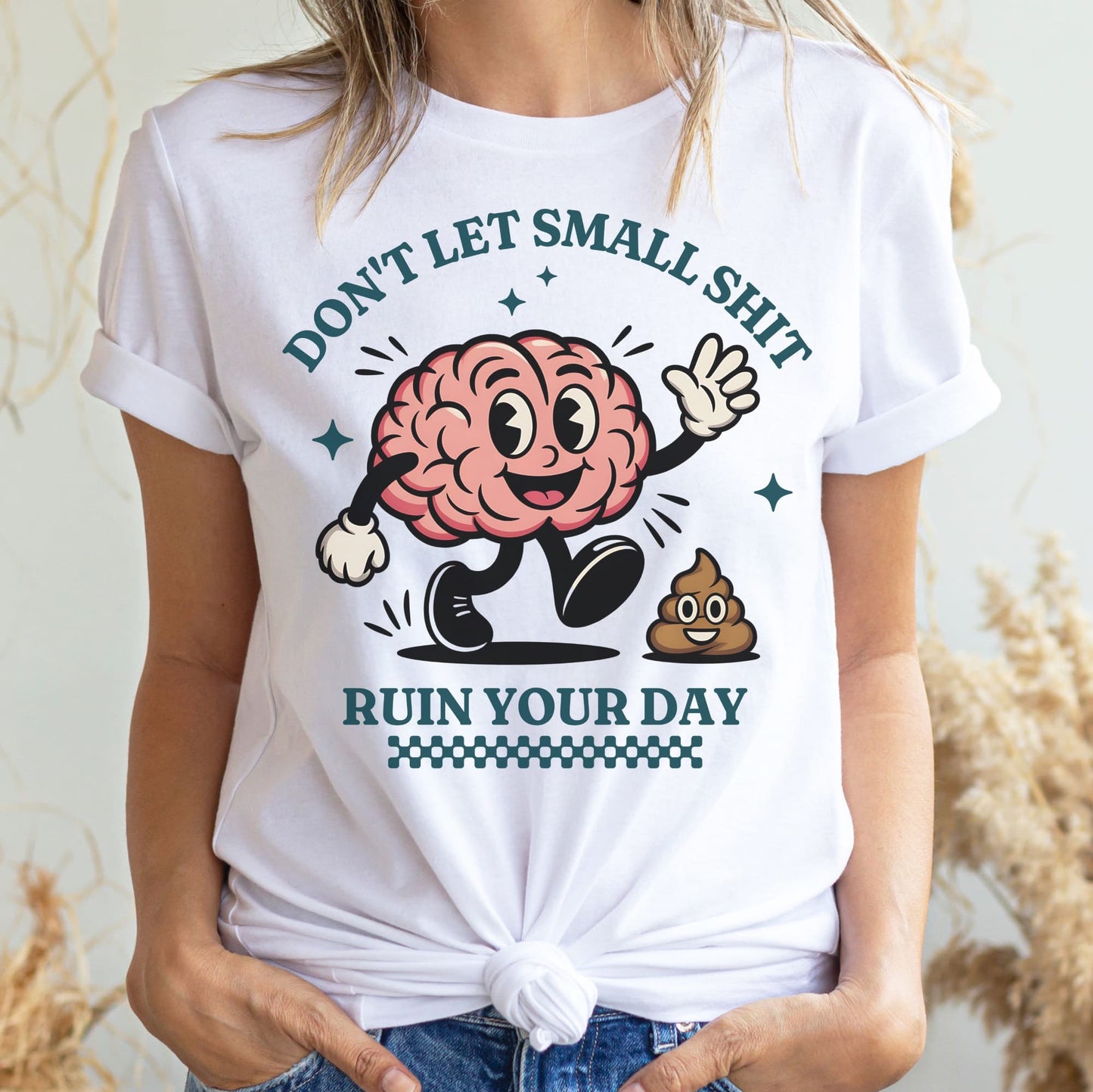 Person wearing a white t-shirt with a cartoon brain graphic and text: Neurodivergent Positivity Shirt, Funny Mental Health Gift, Therapist Apparel, ADHD Autism Support Tee, Overthinking, Emotional Resilience