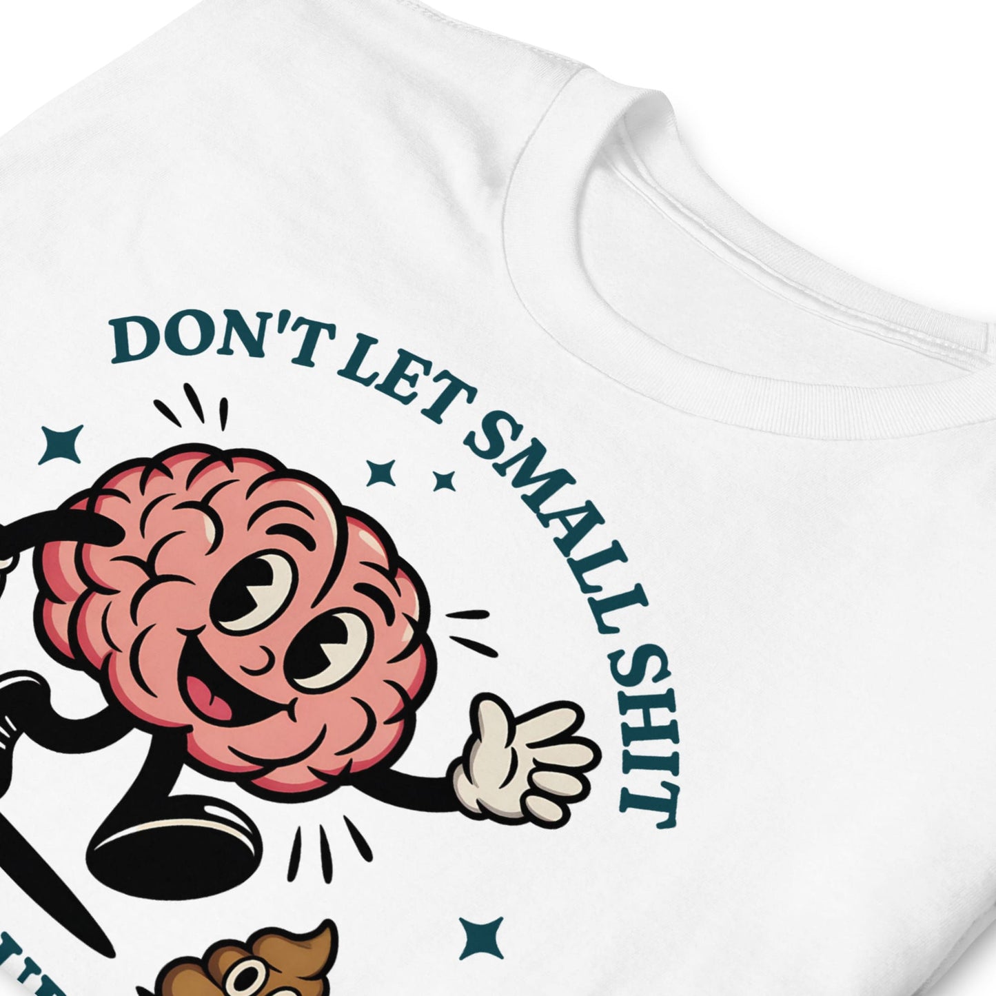 White t-shirt with a cartoon brain design and text on a white background: Neurodivergent Positivity Shirt, Funny Mental Health Gift, Therapist Apparel, ADHD Autism Support Tee, Overthinking, Emotional Resilience