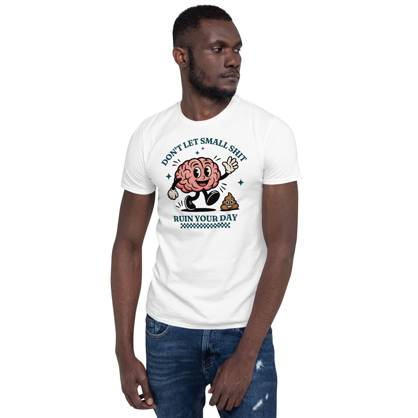 Man wearing a white t-shirt with a graphic design and text on a white background: Neurodivergent Positivity Shirt, Funny Mental Health Gift, Therapist Apparel, ADHD Autism Support Tee, Overthinking, Emotional Resilience