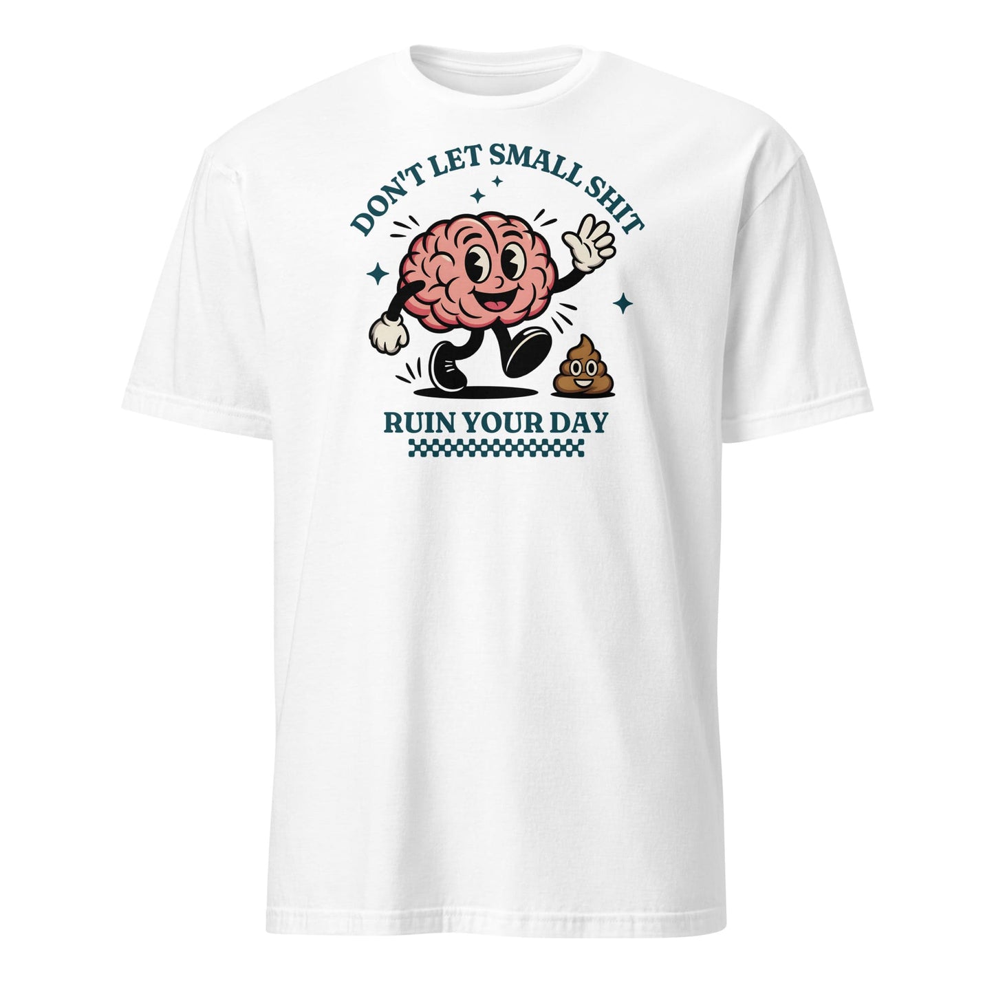 White t-shirt with a cartoon brain graphic and text on a white background: Neurodivergent Positivity Shirt, Funny Mental Health Gift, Therapist Apparel, ADHD Autism Support Tee, Overthinking, Emotional Resilience