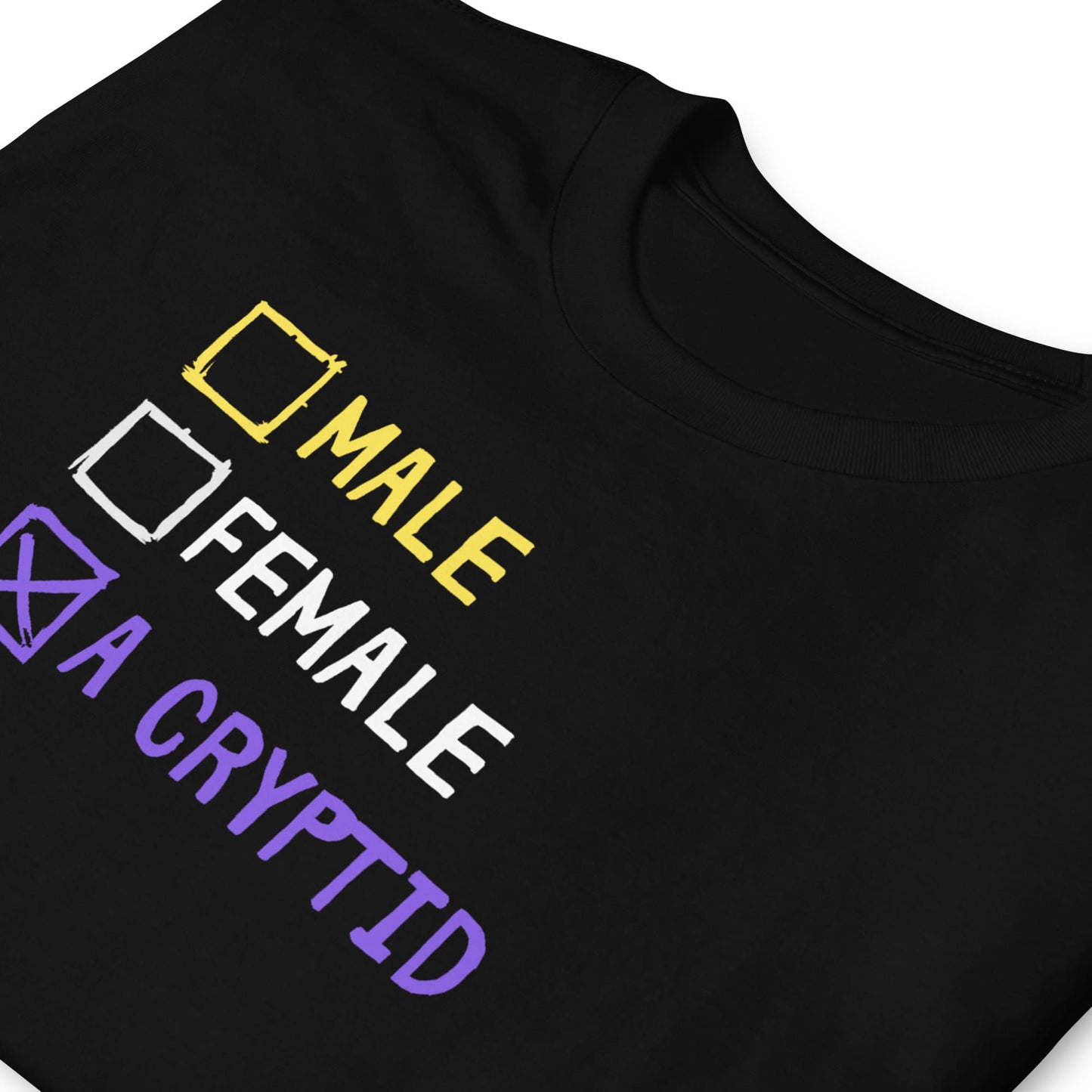 Black t-shirt with gender options and 'cryptid' text on a white background: Funny Nonbinary Shirt, Enby Pride Cryptid Tee, LGBTQ Queer Meme T-Shirt, Cryptidcore Mythology Legend, Weirdcore Gift, Cryptozoology Top