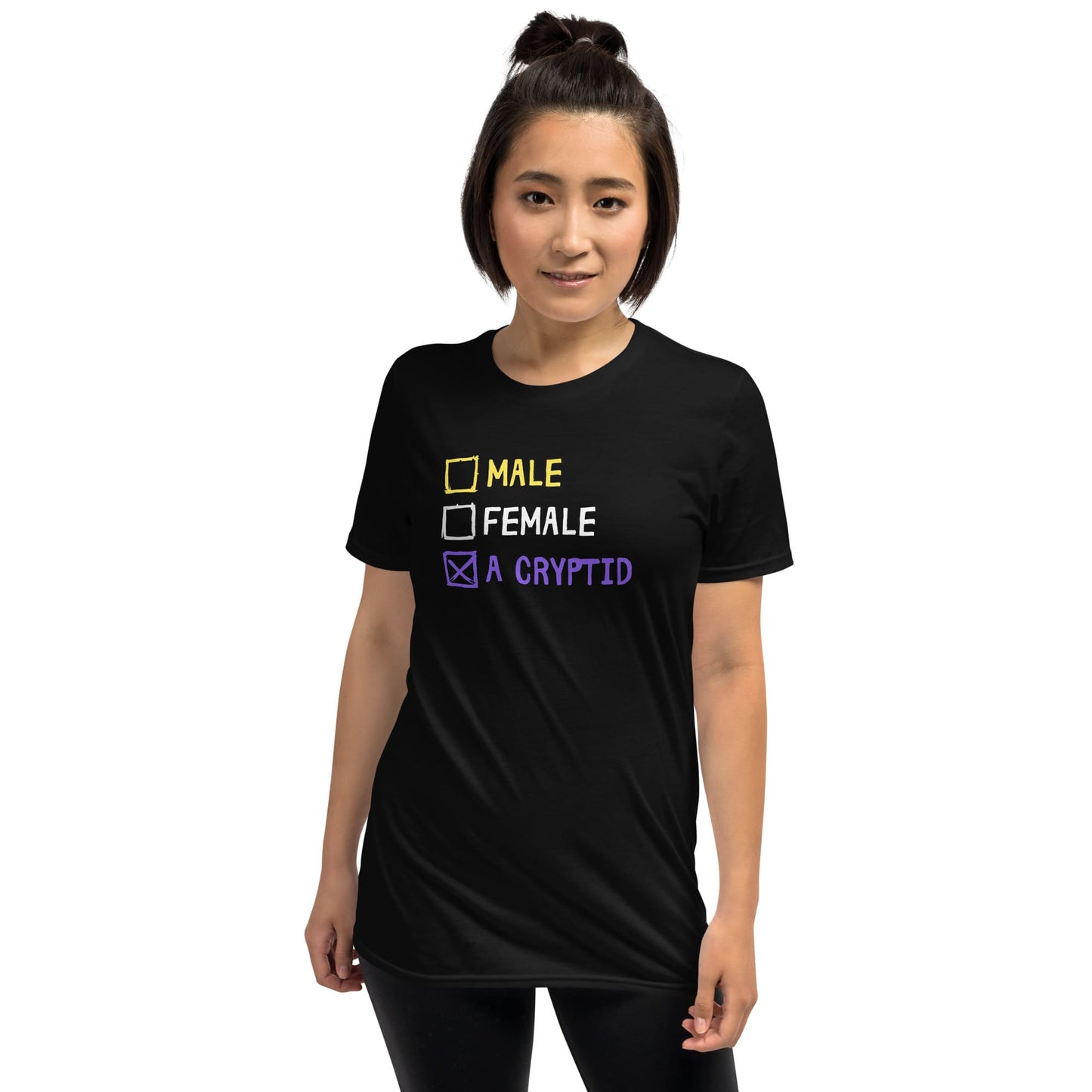 Person wearing a black t-shirt with gender options on a white background: Funny Nonbinary Shirt, Enby Pride Cryptid Tee, LGBTQ Queer Meme T-Shirt, Cryptidcore Mythology Legend, Weirdcore Gift, Cryptozoology Top