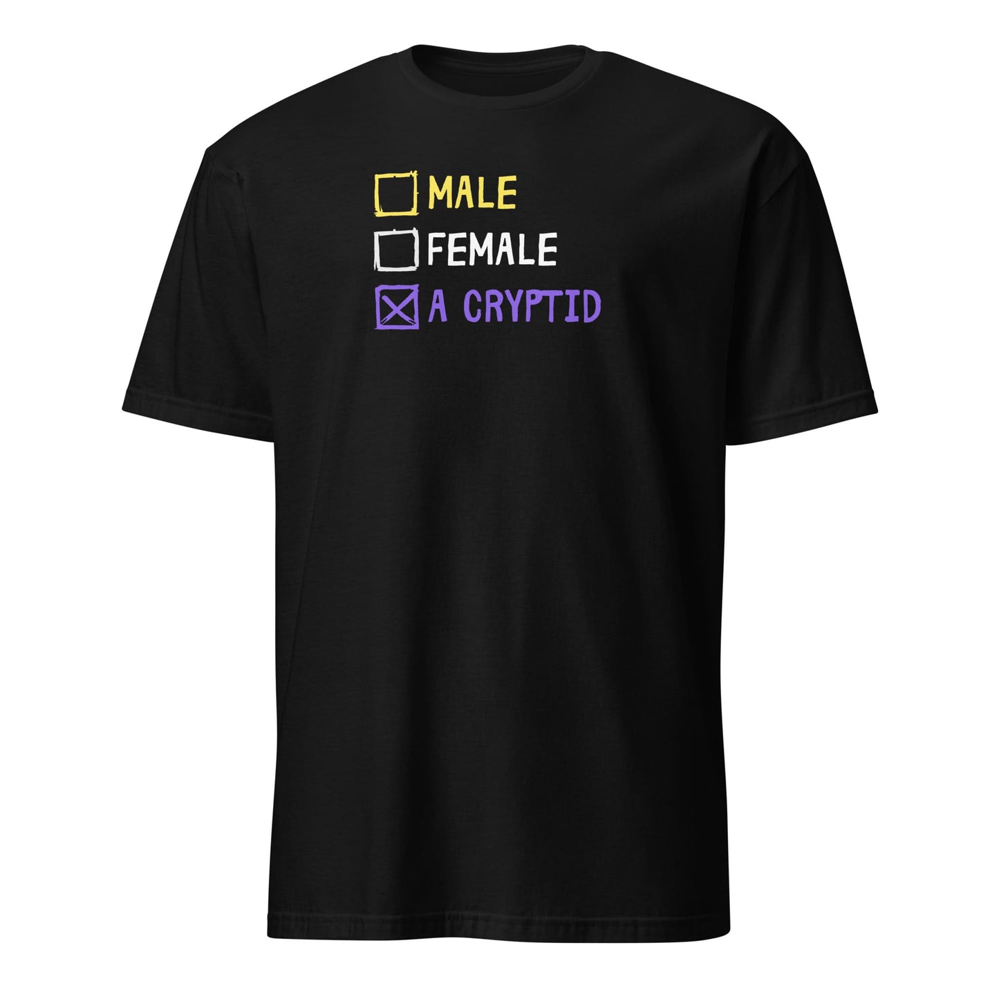 Black t-shirt with gender checkboxes and 'A Cryptid' text on a white background: Funny Nonbinary Shirt, Enby Pride Cryptid Tee, LGBTQ Queer Meme T-Shirt, Cryptidcore Mythology Legend, Weirdcore Gift, Cryptozoology Top