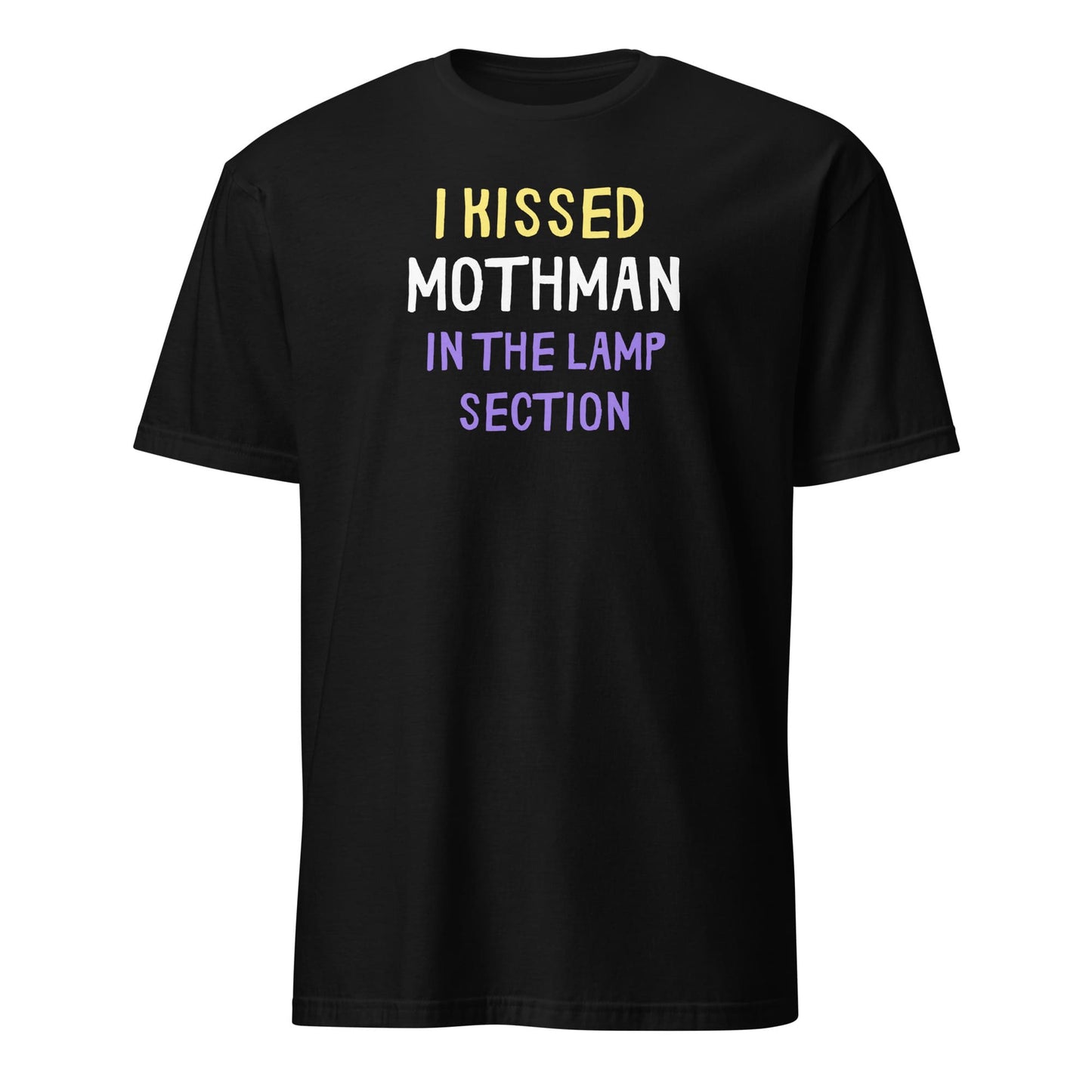 Black t-shirt with humorous text design on a white background: Nonbinary Humor Shirt, Funny Mothman Cryptid Tee, Spooky Queer Pride Gift, LGBTQ Meme T-Shirt ,Enby Weirdcore Top, Cryptidcore Mythology