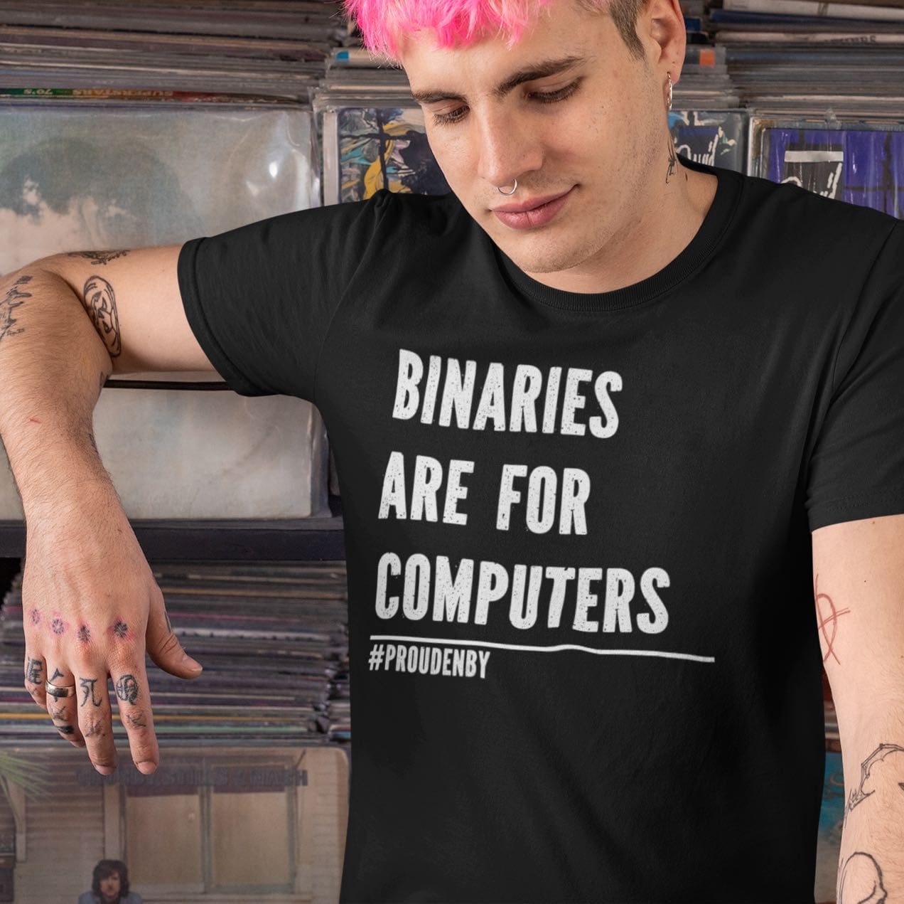 nonbinary shirt, binaries are for computers enby pride, in use
