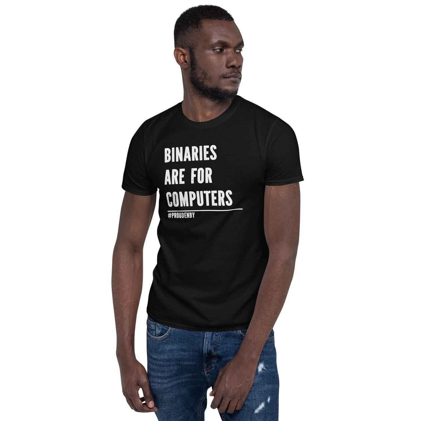 nonbinary shirt, binaries are for computers enby pride, black model