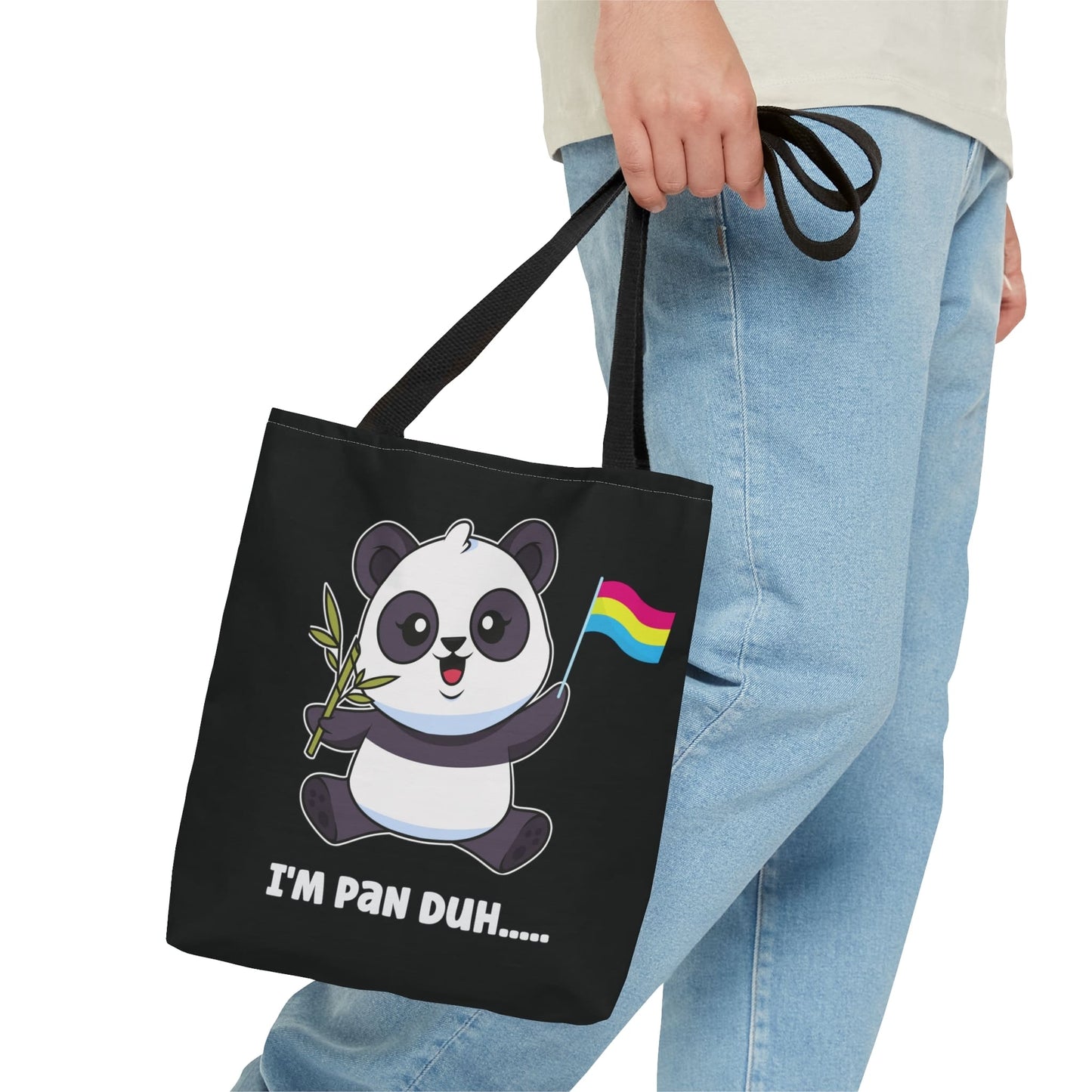 pansexual tote bag, cute panda with pan pride flag bag, small