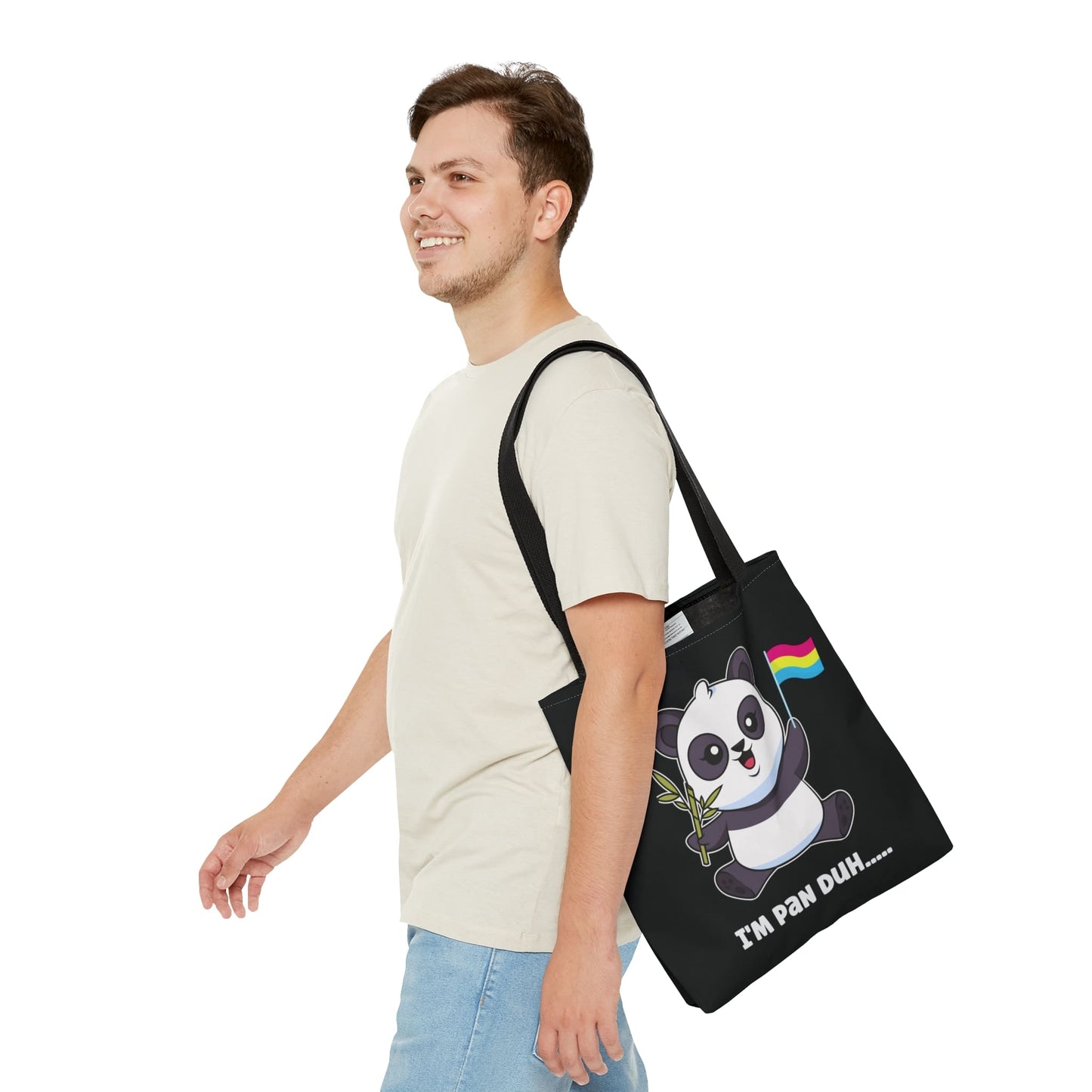 pansexual tote bag, cute panda with pan pride flag bag, medium