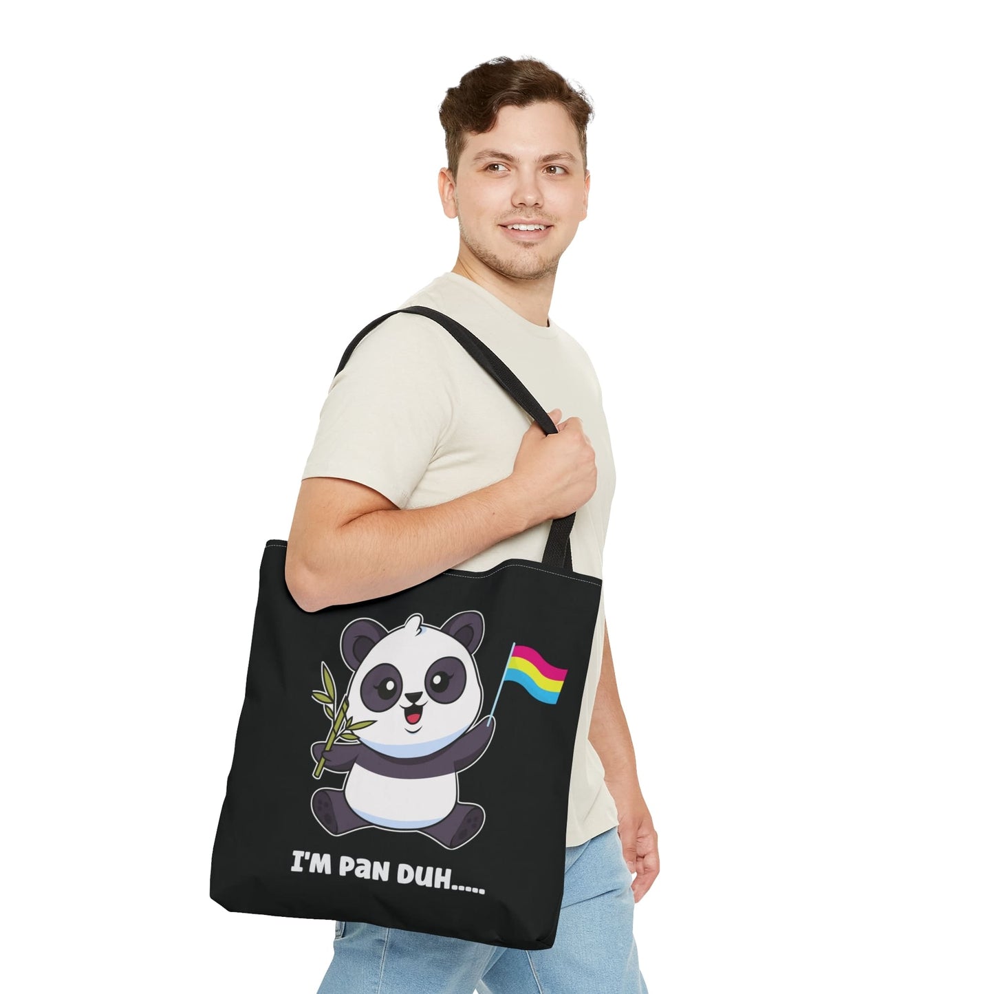 pansexual tote bag, cute panda with pan pride flag bag, large