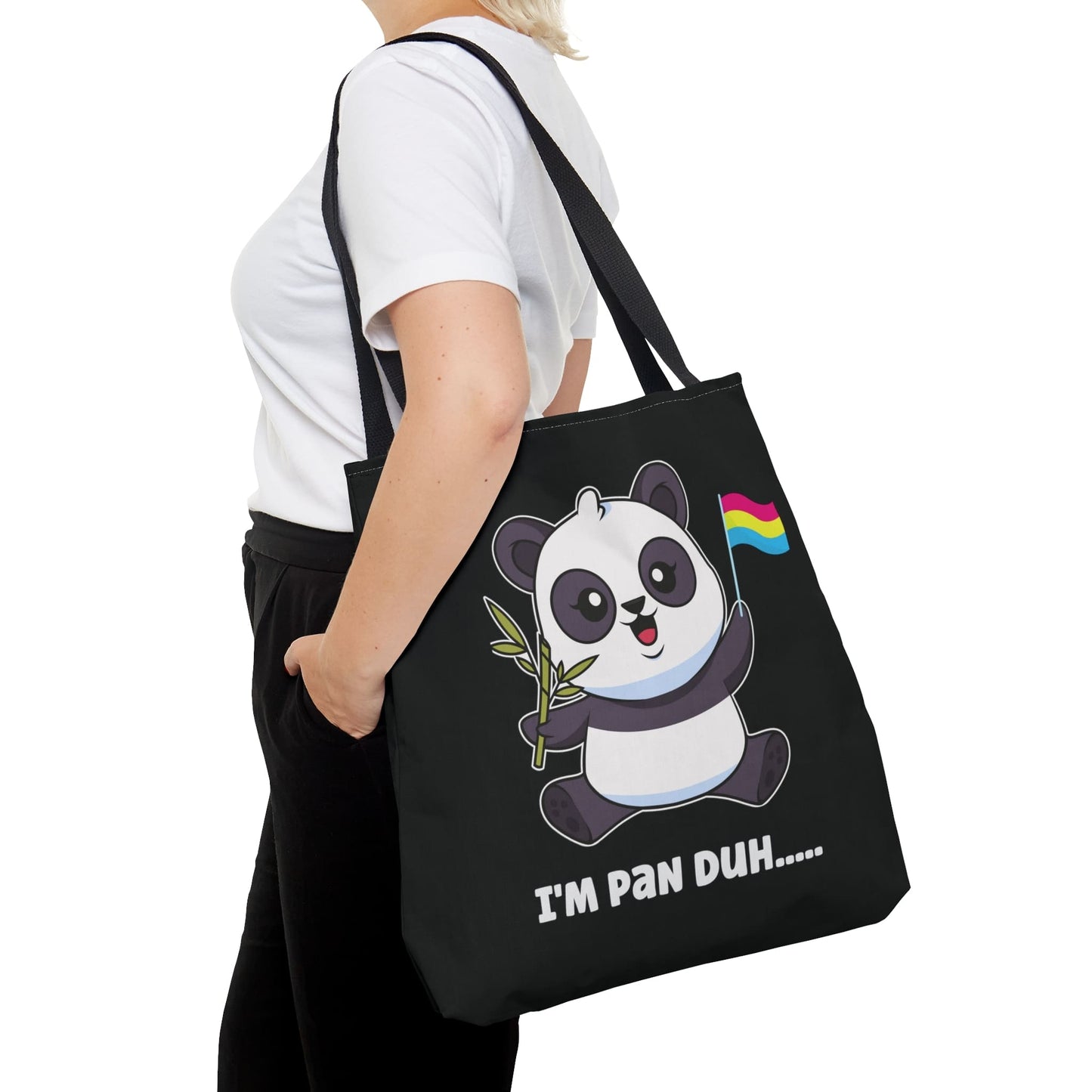 pansexual tote bag, cute panda with pan pride flag bag, large
