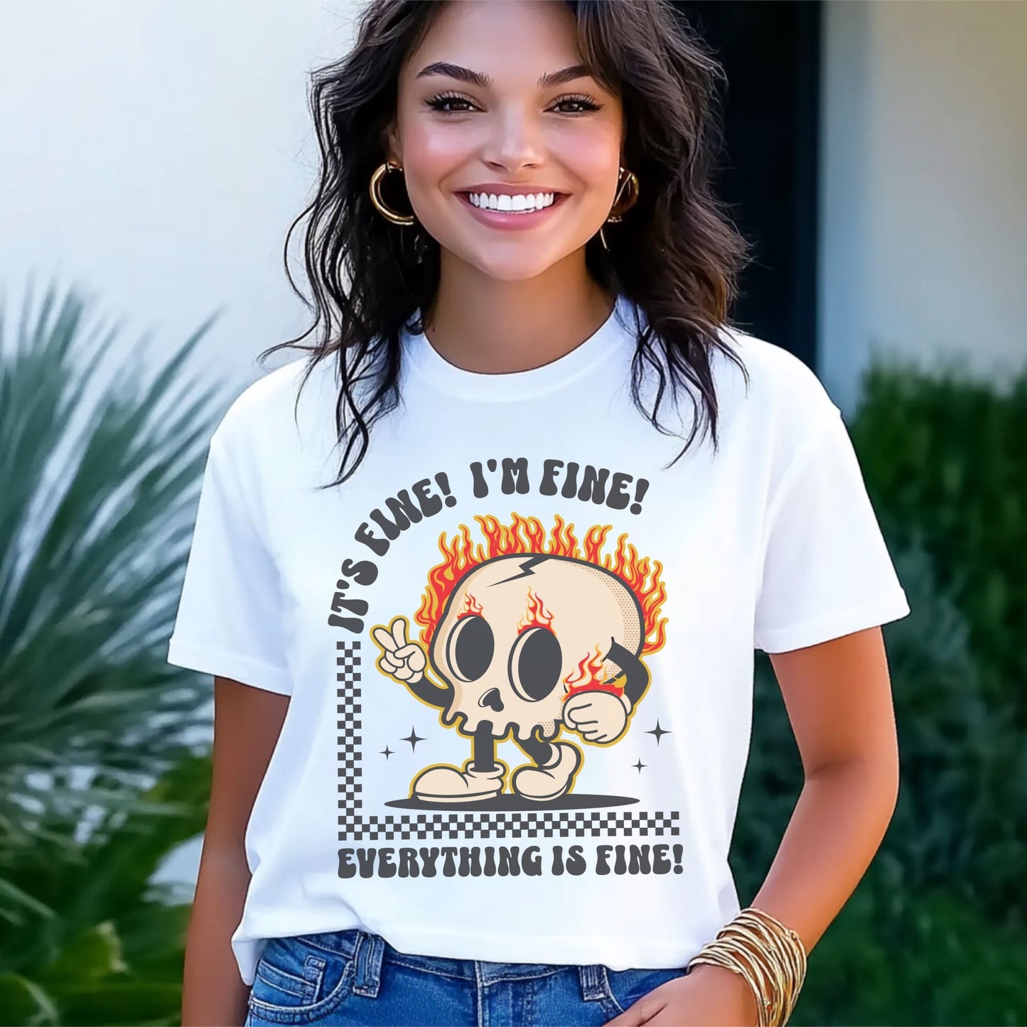 Person wearing a white t-shirt with a skull graphic and text, standing outdoors: Funny Mental Health Shirt, Sarcastic Introvert Tee, Cute T-Shirt For Overstimulated, Neurodivergent Gift Its Fine Im Fine Everything Is Fine