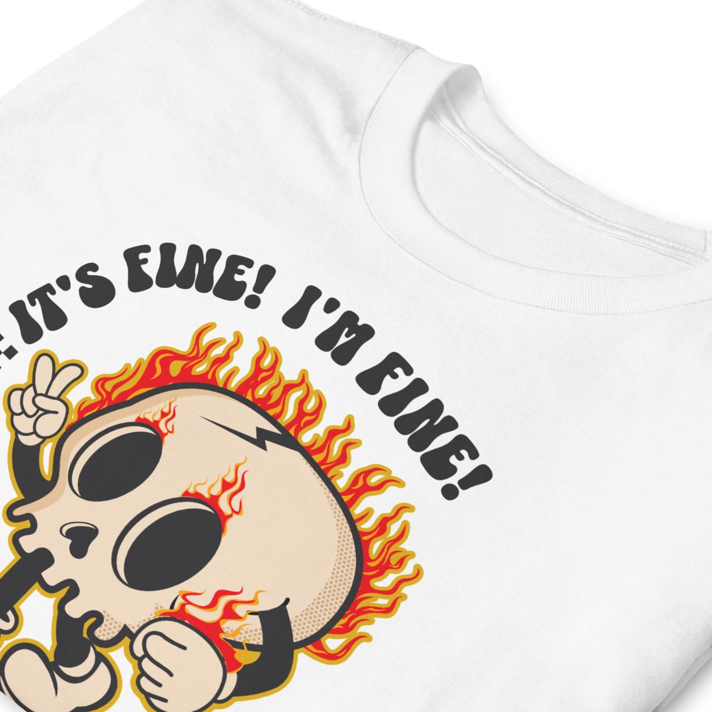 White sweatshirt with a cartoon skull design and text 'It's fine! I'm fine!' on a white background: Funny Mental Health Shirt, Sarcastic Introvert Tee, Cute T-Shirt For Overstimulated, Neurodivergent Gift Its Fine Im Fine Everything Is Fine