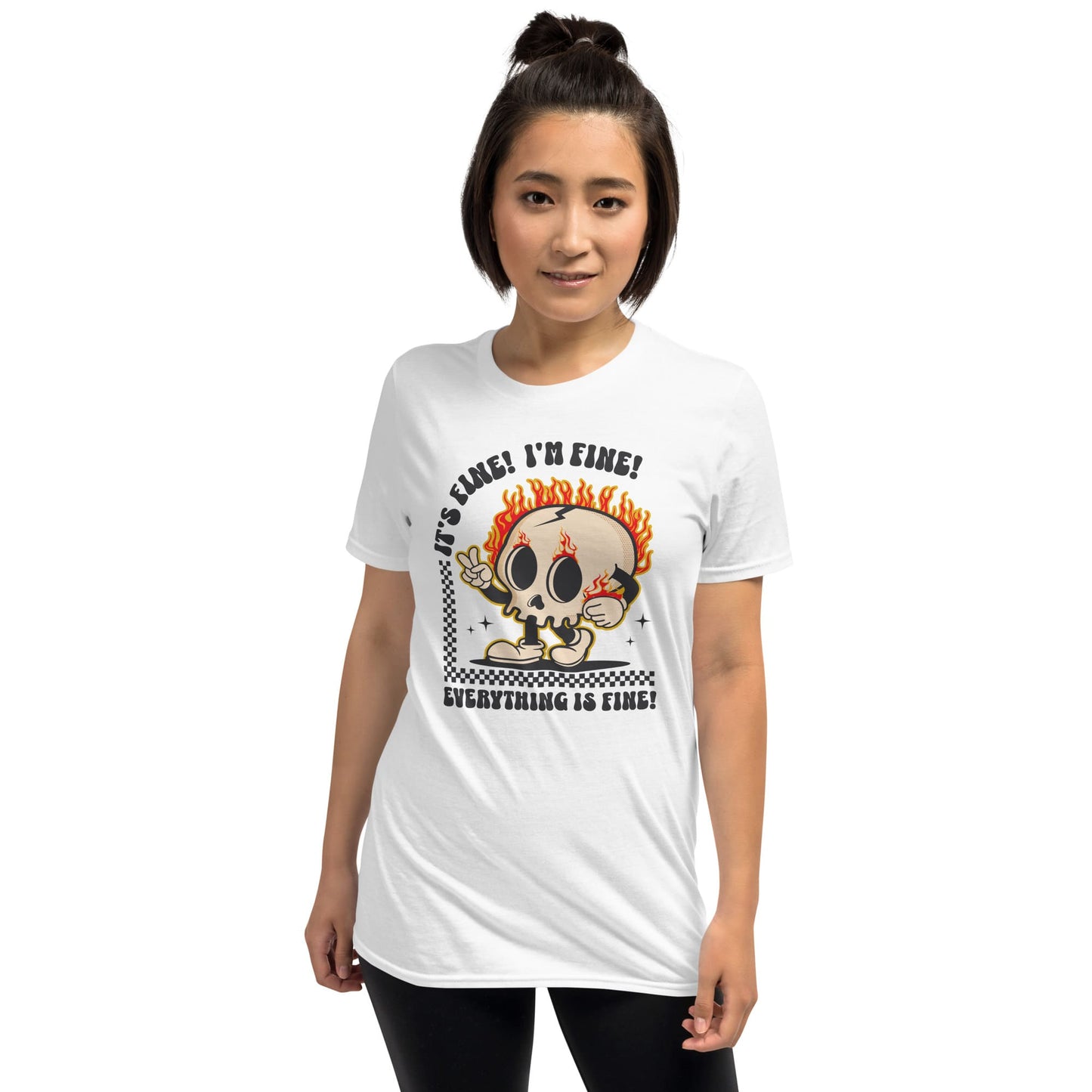 Person wearing a white t-shirt with a graphic design on a white background: Funny Mental Health Shirt, Sarcastic Introvert Tee, Cute T-Shirt For Overstimulated, Neurodivergent Gift Its Fine Im Fine Everything Is Fine