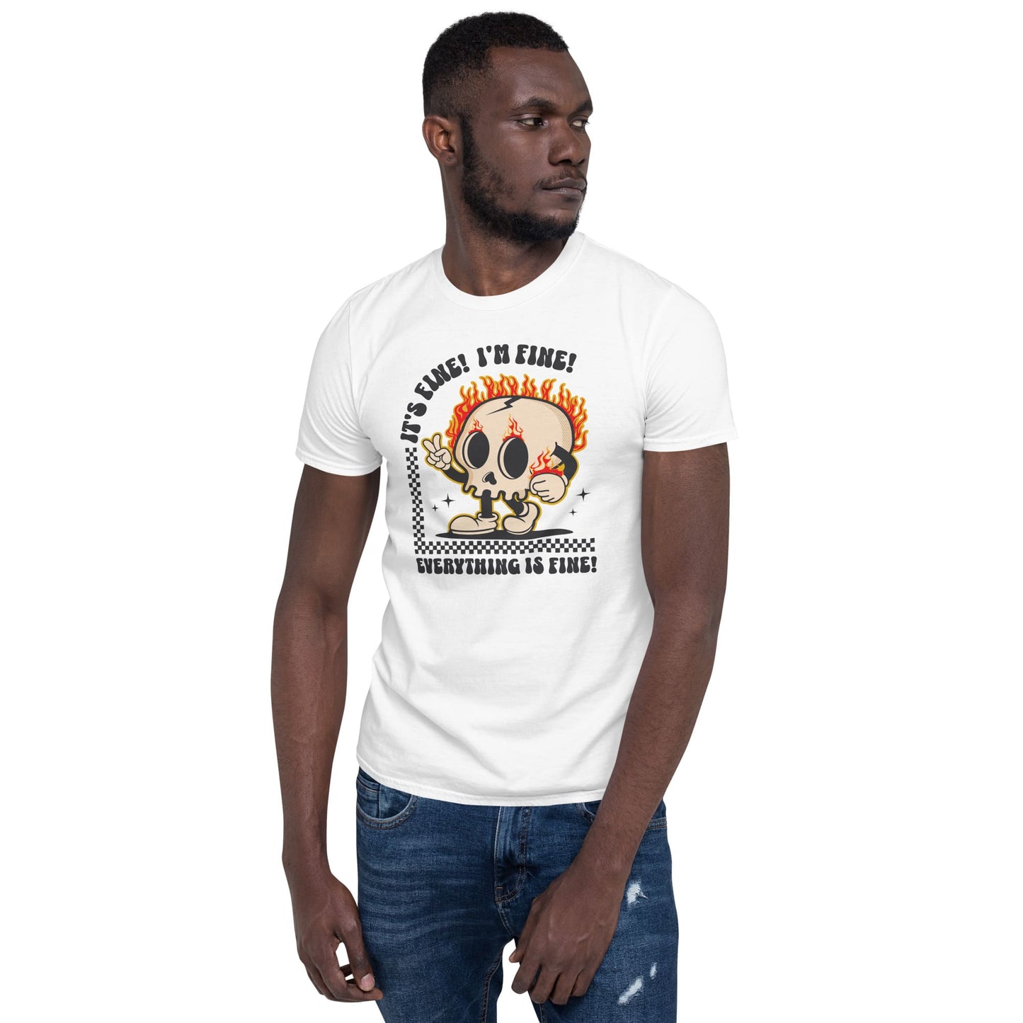 Man wearing a white t-shirt with a graphic design on a white background: Funny Mental Health Shirt, Sarcastic Introvert Tee, Cute T-Shirt For Overstimulated, Neurodivergent Gift Its Fine Im Fine Everything Is Fine