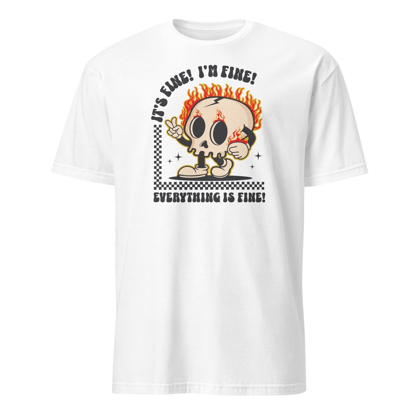 White t-shirt with a cartoon character and text on a white background: Funny Mental Health Shirt, Sarcastic Introvert Tee, Cute T-Shirt For Overstimulated, Neurodivergent Gift Its Fine Im Fine Everything Is Fine