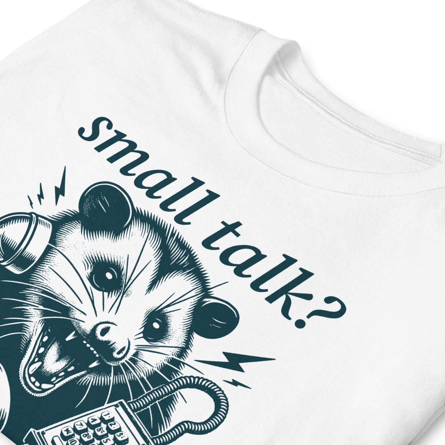 White t-shirt with a graphic of an opossum holding a phone and text 'small talk?' on a white background: Funny Social Anxiety Shirt, Introvert Socially Awkward Tee, Unhinged Opossum Tee, Neurodivergent T-Shirt For Neurospicy, Gift For Therapist