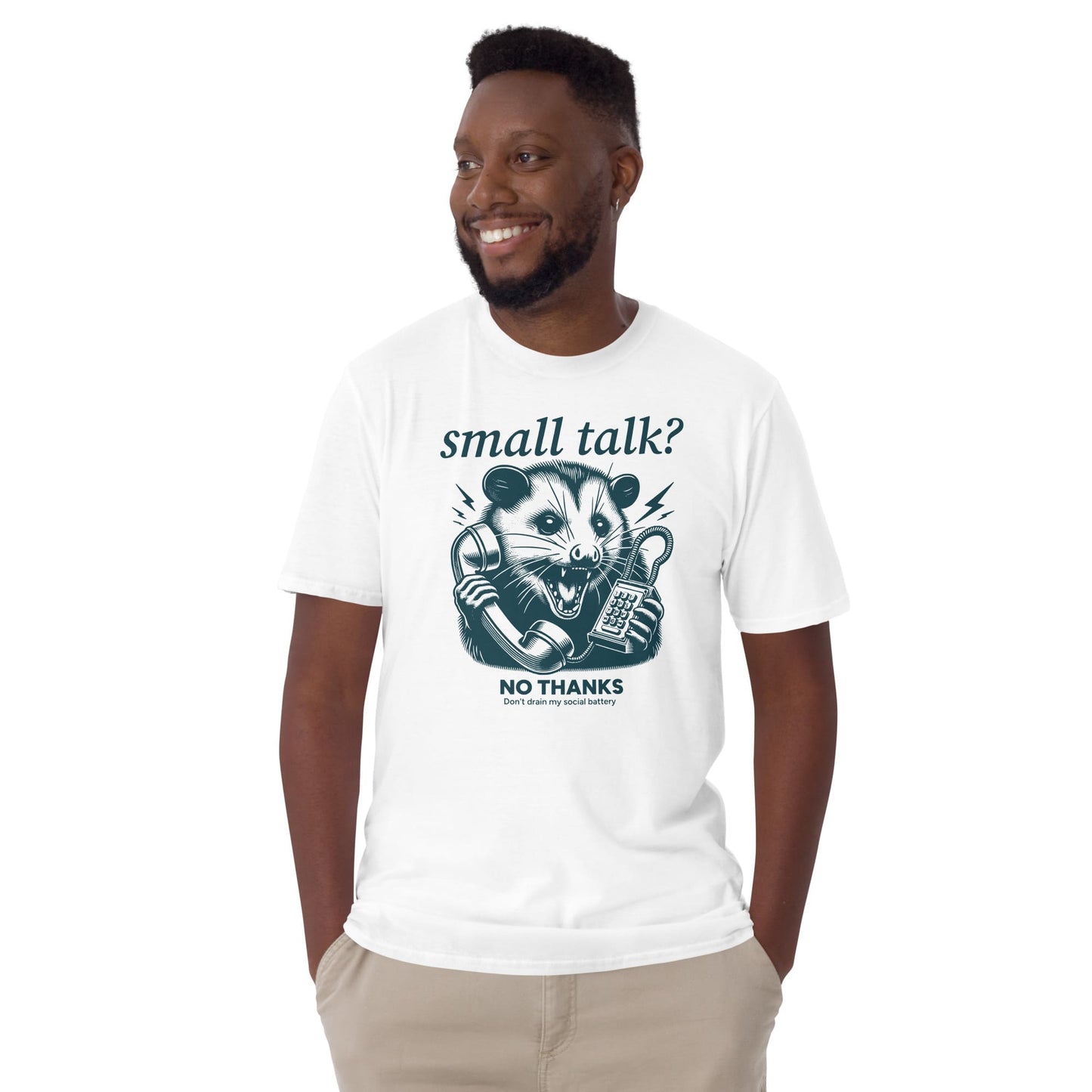 Man wearing a white t-shirt with a graphic design and text, standing against a white background: Funny Social Anxiety Shirt, Introvert Socially Awkward Tee, Unhinged Opossum Tee, Neurodivergent T-Shirt For Neurospicy, Gift For Therapist