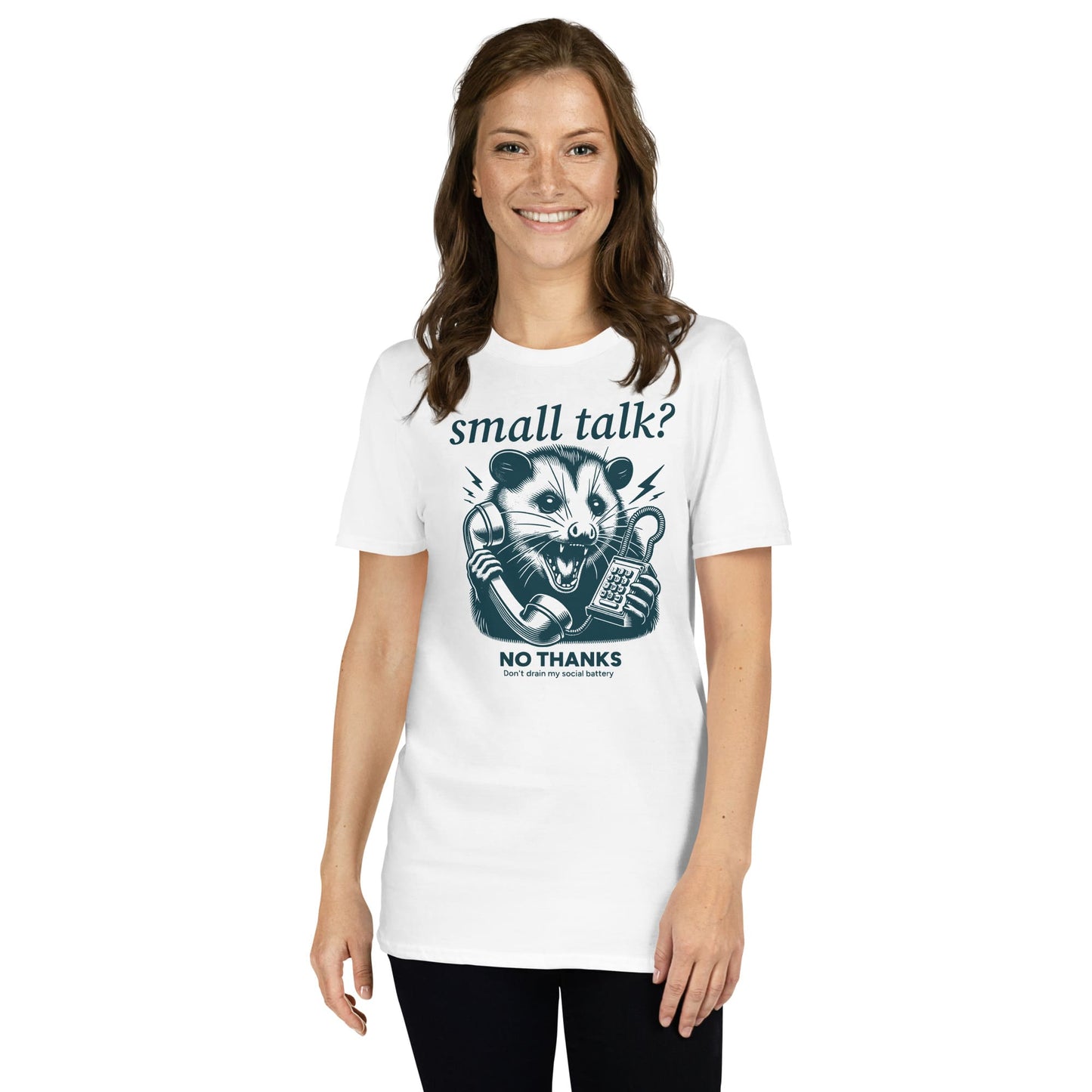 Person wearing a white t-shirt with a graphic design and text on a white background: Funny Social Anxiety Shirt, Introvert Socially Awkward Tee, Unhinged Opossum Tee, Neurodivergent T-Shirt For Neurospicy, Gift For Therapist