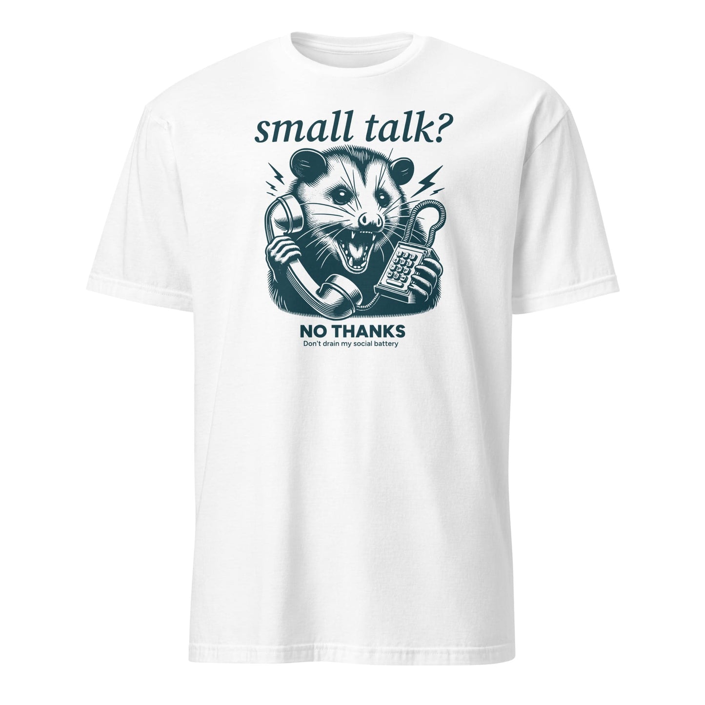 White t-shirt with an opossum graphic and text on a white background: Funny Social Anxiety Shirt, Introvert Socially Awkward Tee, Unhinged Opossum Tee, Neurodivergent T-Shirt For Neurospicy, Gift For Therapist