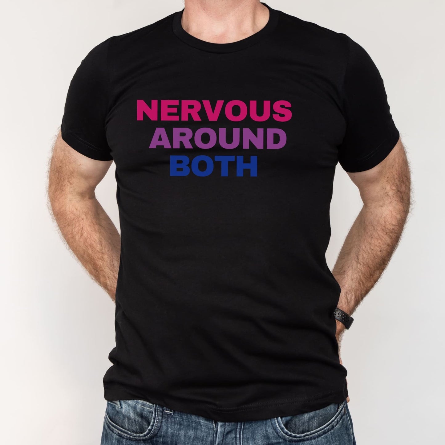 Black t-shirt with colorful text 'NERVOUS AROUND BOTH' worn by a person on a white background:Funny Bisexual Shirt; Subtle Bi Pride Tshirt; Discreet Bisexual Pride Punny Tee; LGBTQ Pride Outfit; Bisexual Flag LGBT Clothing