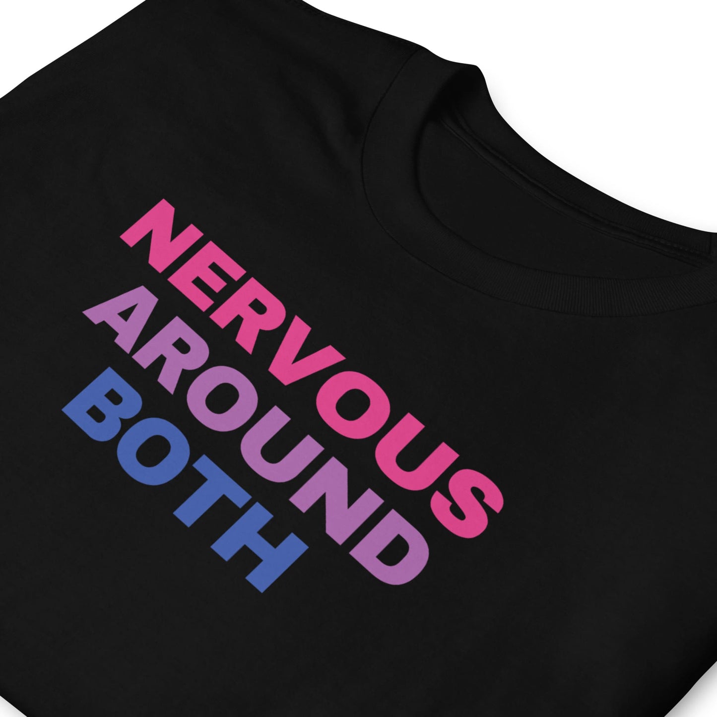 Black t-shirt with colorful text 'NERVOUS AROUND BOTH' on a white background: Funny Bisexual Shirt; Subtle Bi Pride Tshirt; Discreet Bisexual Pride Punny Tee; LGBTQ Pride Outfit; Bisexual Flag LGBT Clothing
