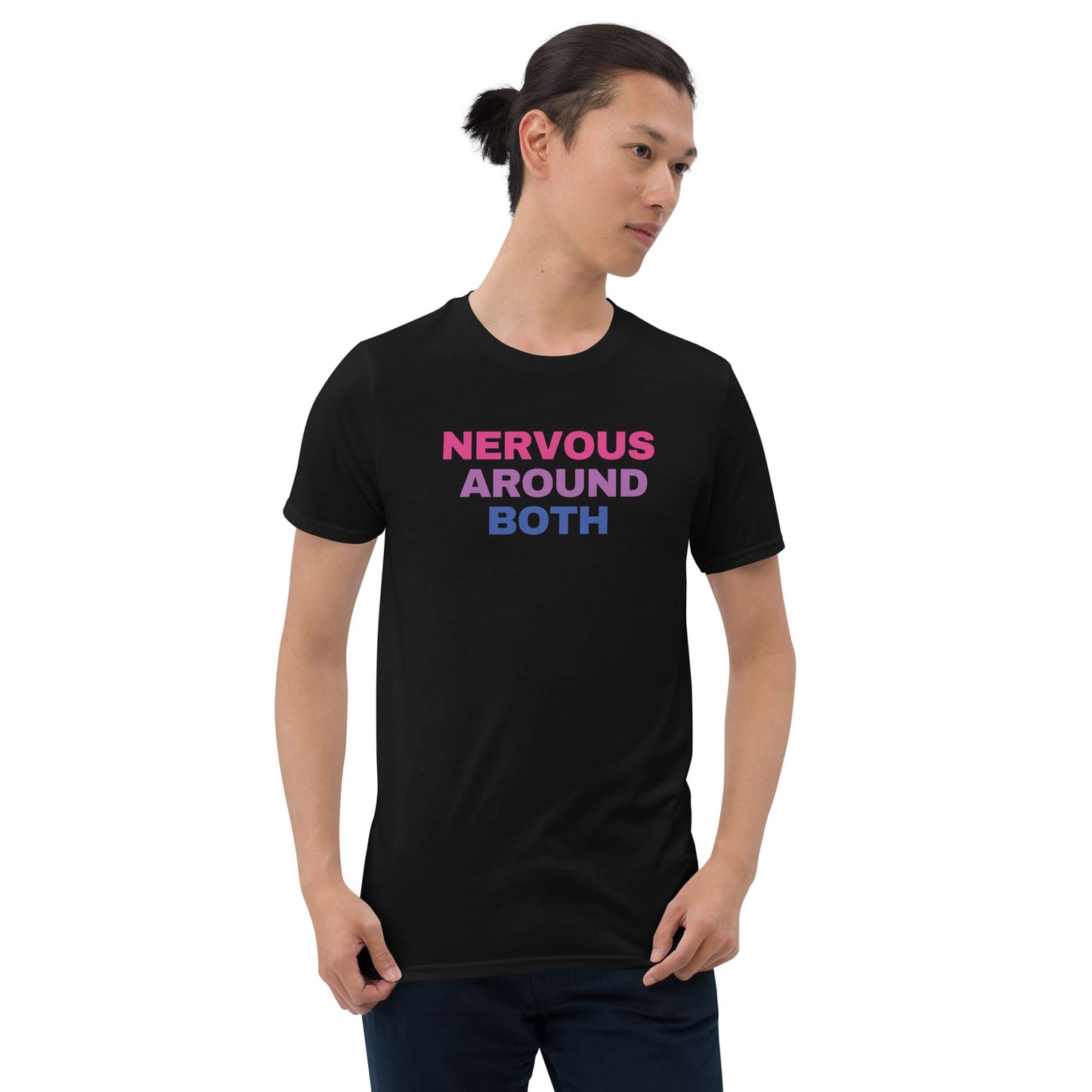 Person wearing a black t-shirt with colorful text on a white background: Funny Bisexual Shirt; Subtle Bi Pride Tshirt; Discreet Bisexual Pride Punny Tee; LGBTQ Pride Outfit; Bisexual Flag LGBT Clothing