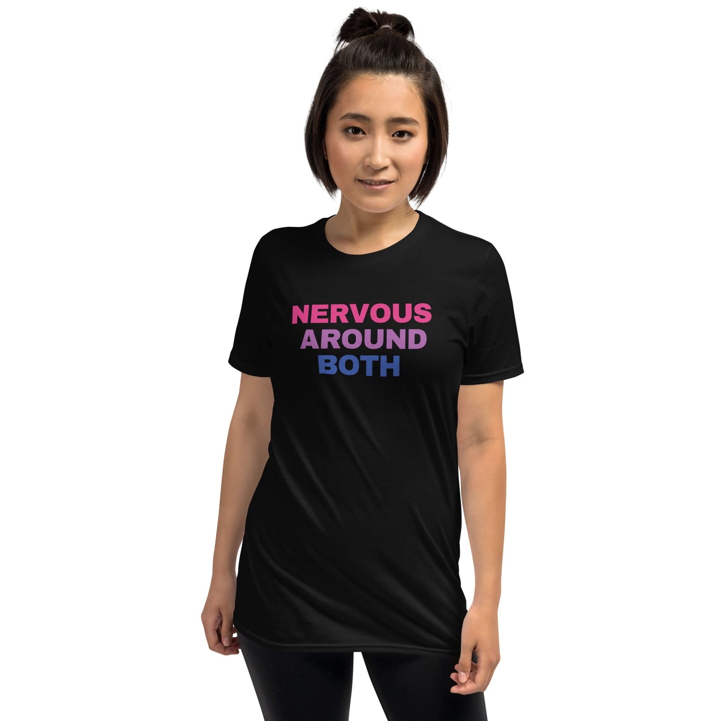 Person wearing a black t-shirt with colorful text on a white background: Funny Bisexual Shirt; Subtle Bi Pride Tshirt; Discreet Bisexual Pride Punny Tee; LGBTQ Pride Outfit; Bisexual Flag LGBT Clothing