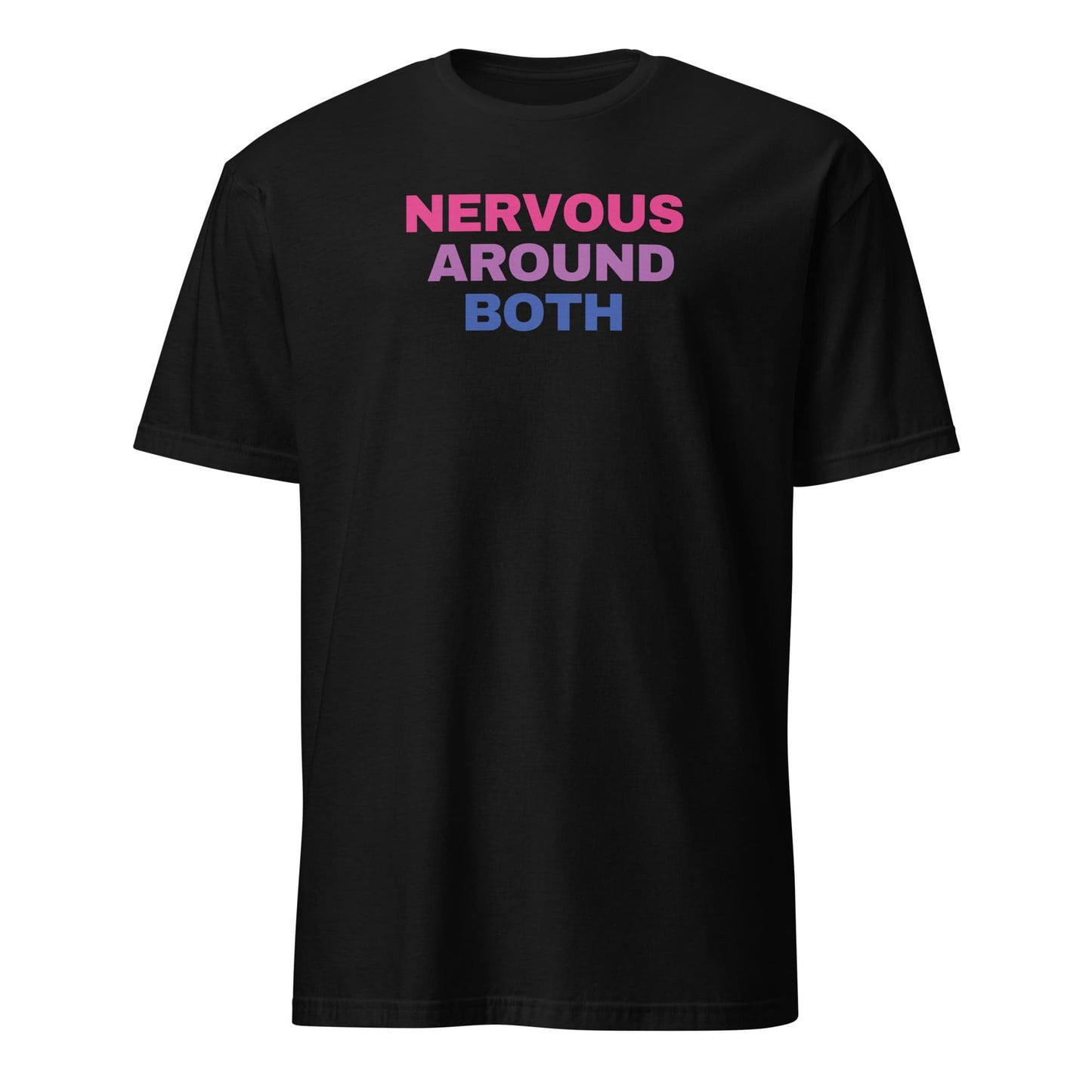 Black t-shirt with colorful text 'NERVOUS AROUND BOTH' on a white background: Funny Bisexual Shirt; Subtle Bi Pride Tshirt; Discreet Bisexual Pride Punny Tee; LGBTQ Pride Outfit; Bisexual Flag LGBT Clothing
