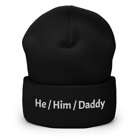 he him daddy beanie, gay mlm embroidered hat, black