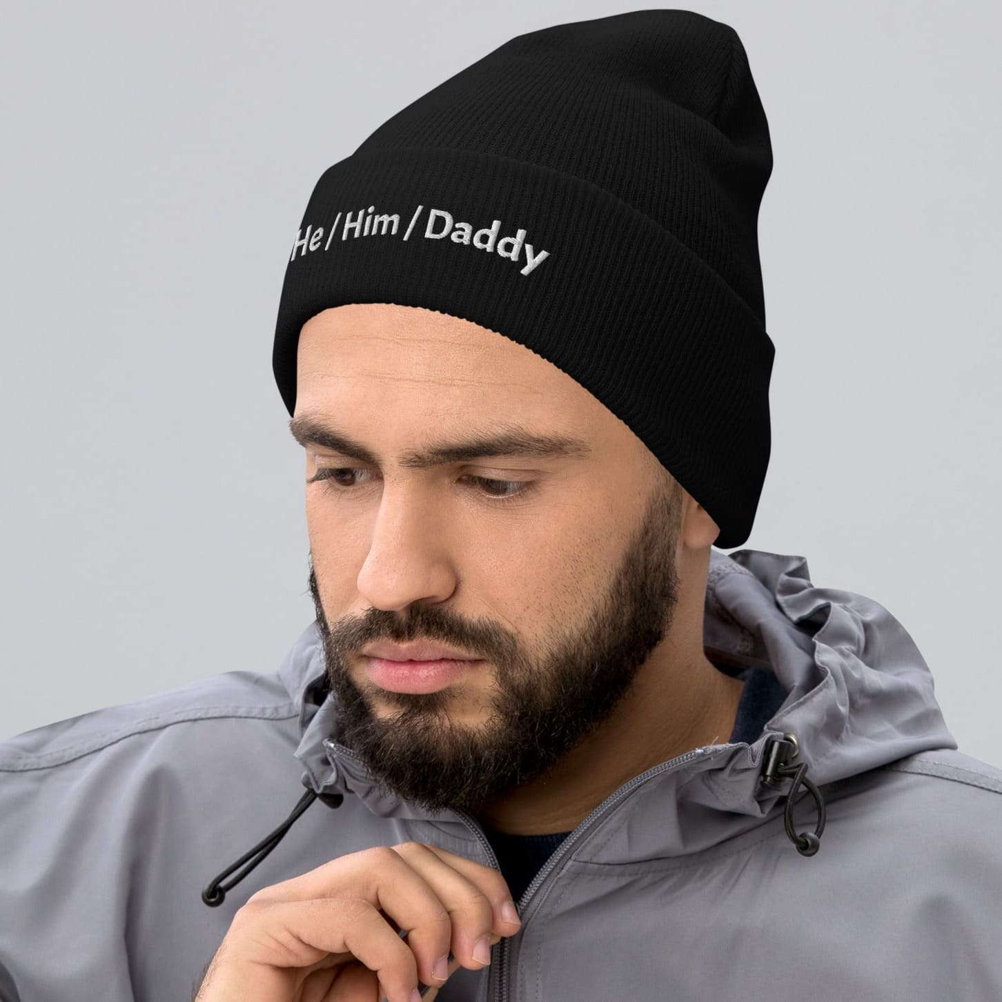 he him daddy beanie, gay mlm embroidered hat, in use