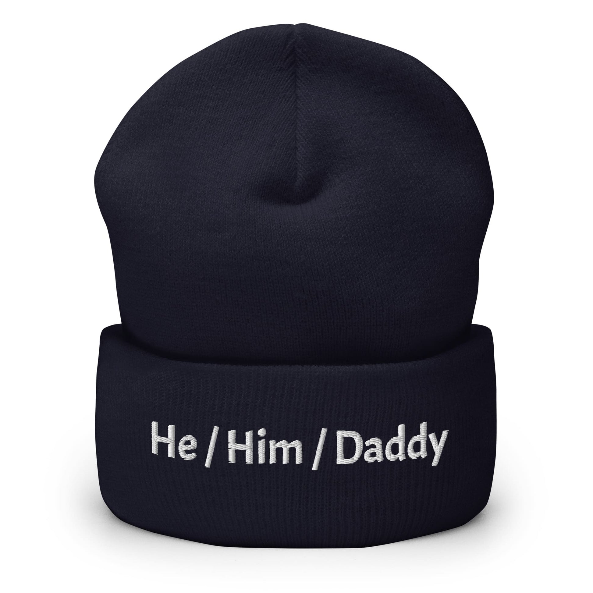 he him daddy beanie, gay mlm embroidered hat, navy