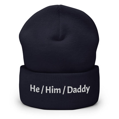 he him daddy beanie, gay mlm embroidered hat, navy