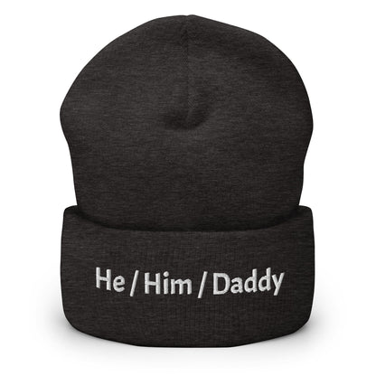 he him daddy beanie, gay mlm embroidered hat, grey