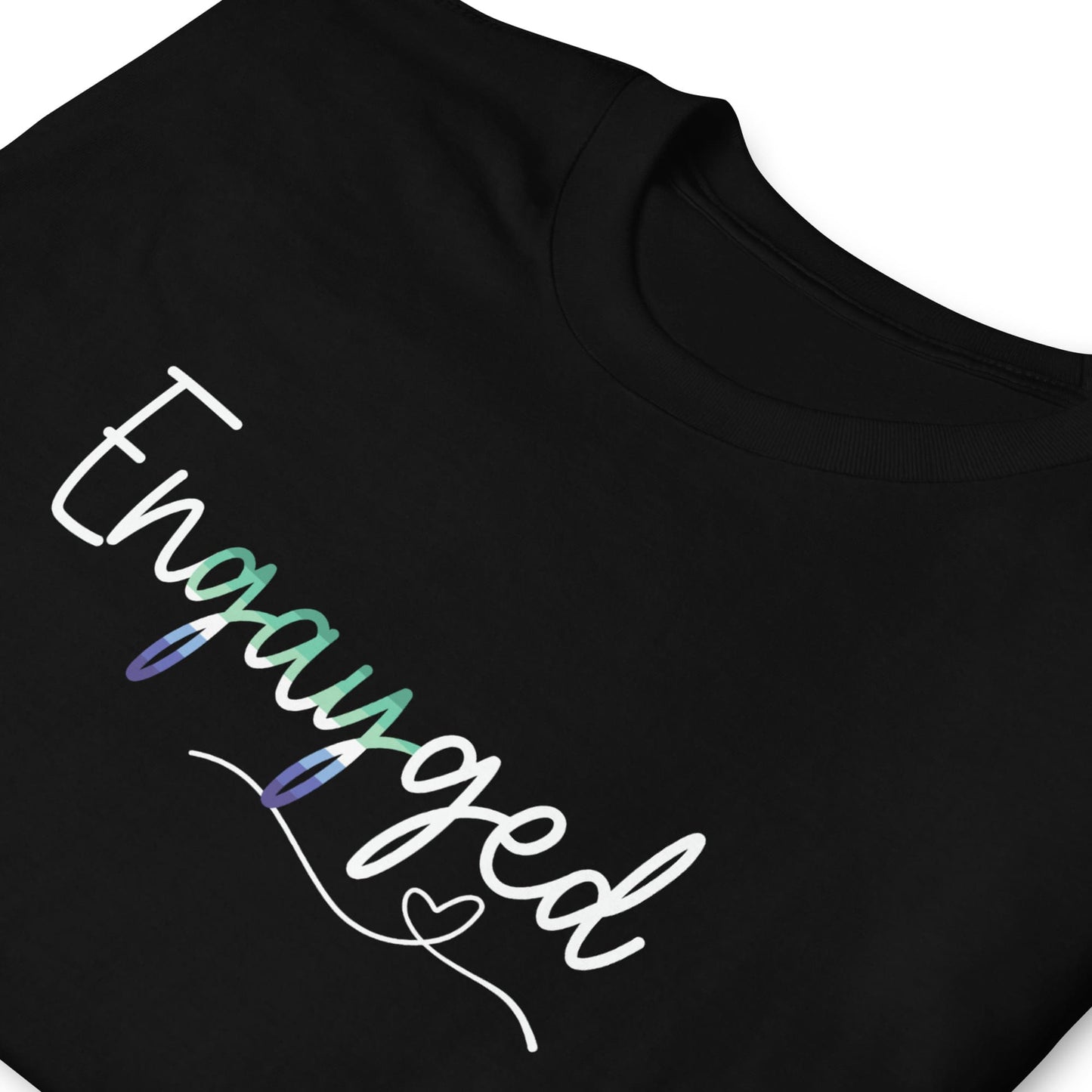 Black t-shirt with gay MLM engagement 'Engayged' text in vincian flag colors on a white background