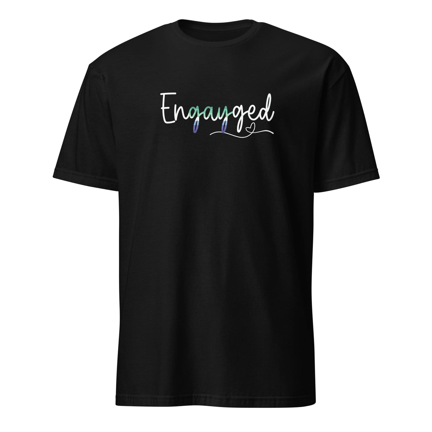 Black t-shirt with gay MLM engagement 'Engayged' text on a white background