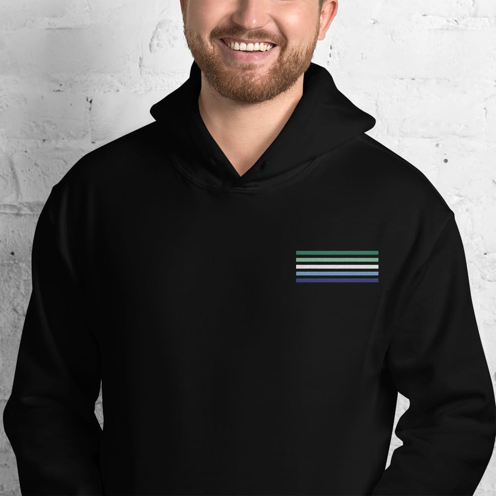 gay mlm hoodie, subtle vincian flag embroidered pocket design hooded sweatshirt, model 1