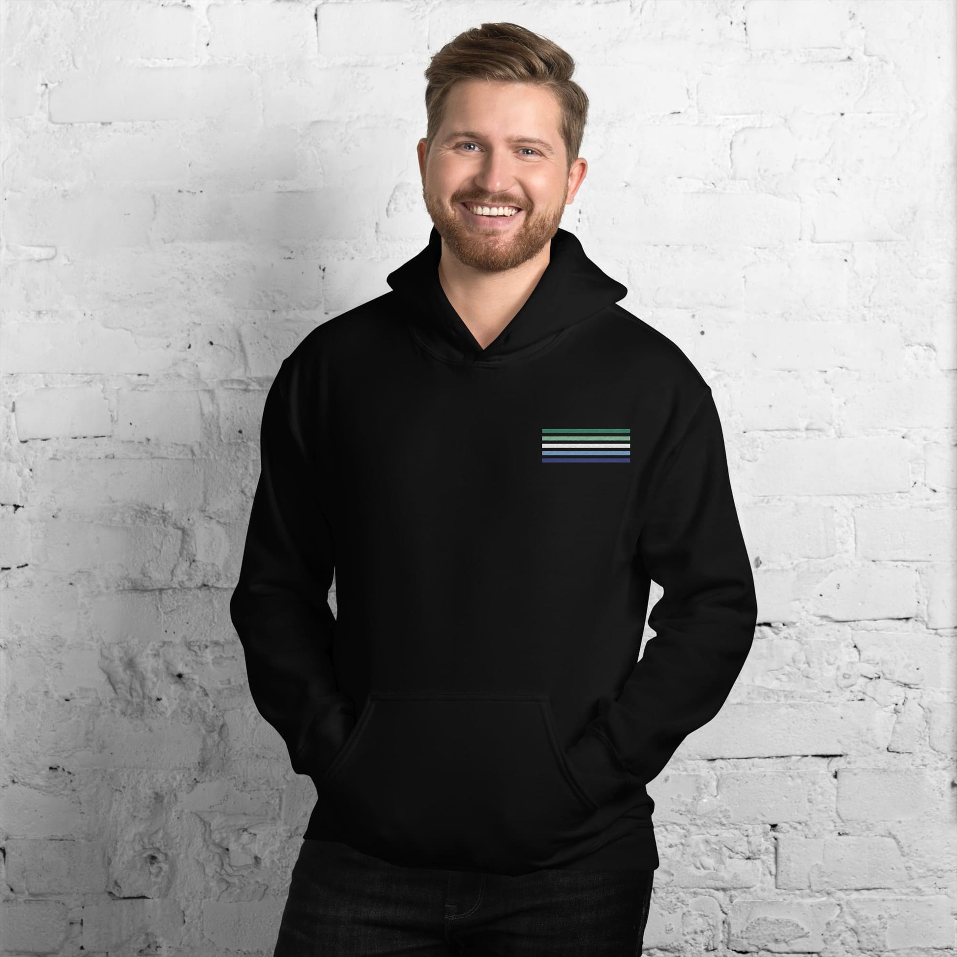 gay mlm hoodie, subtle vincian flag embroidered pocket design hooded sweatshirt, model 1