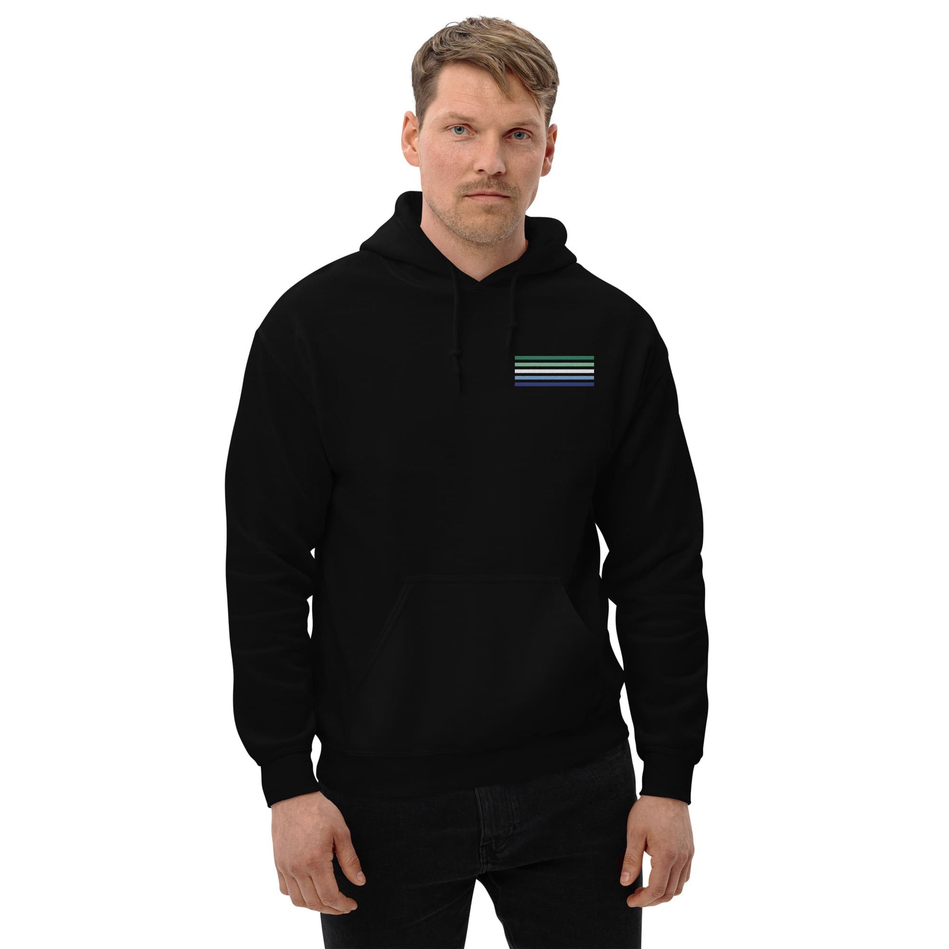 gay mlm hoodie, subtle vincian flag embroidered pocket design hooded sweatshirt, model 2