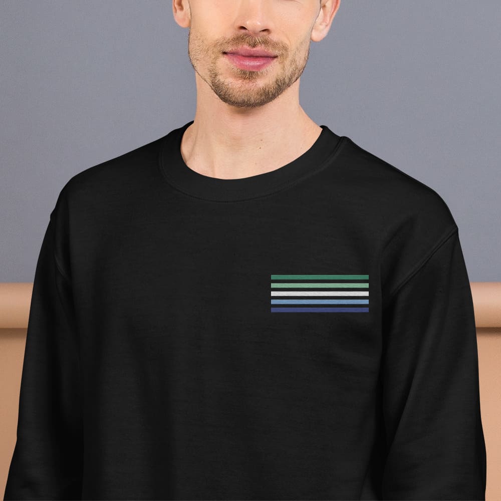 gay mlm sweatshirt, subtle vincian flag embroidered pocket design sweater, model 1