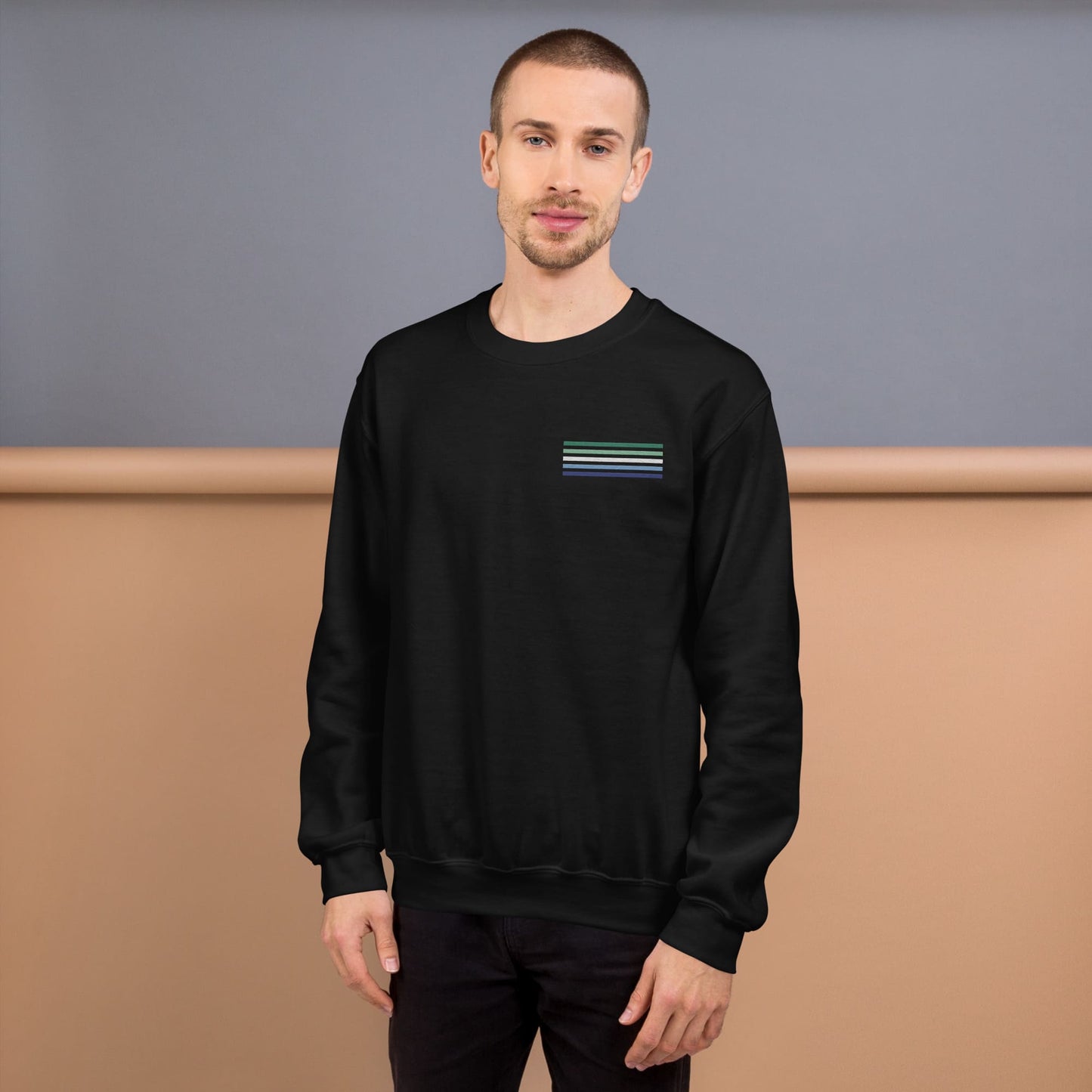 gay mlm sweatshirt, subtle vincian flag embroidered pocket design sweater, model 1