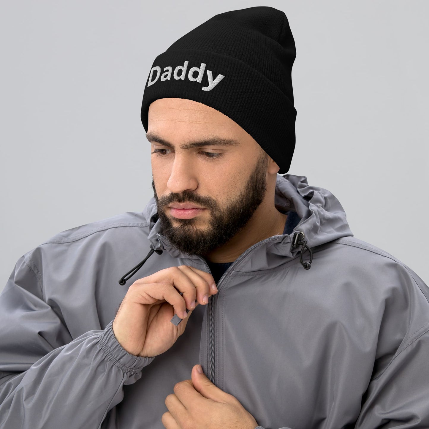 gay daddy beanie, embroidered mlm hat, model