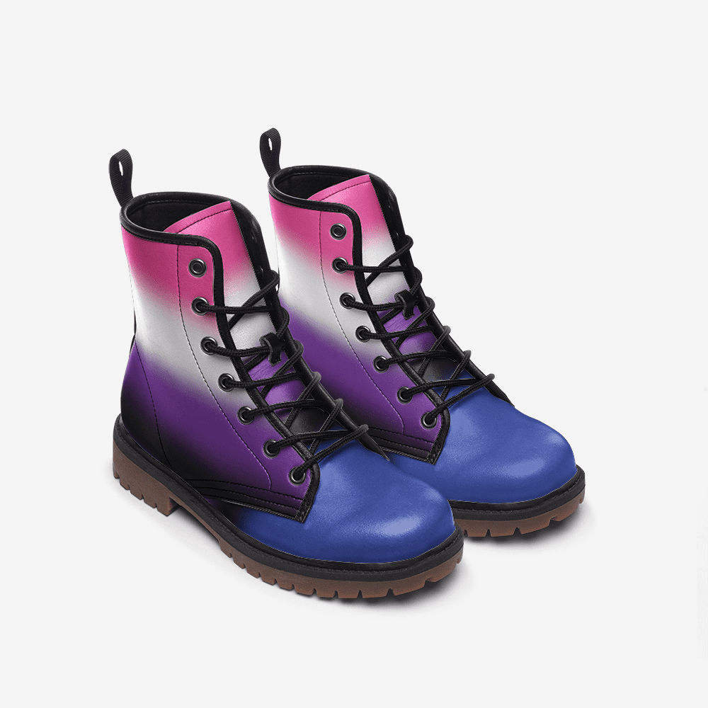 genderfluid shoes, gender fluid pride combat boots, front
