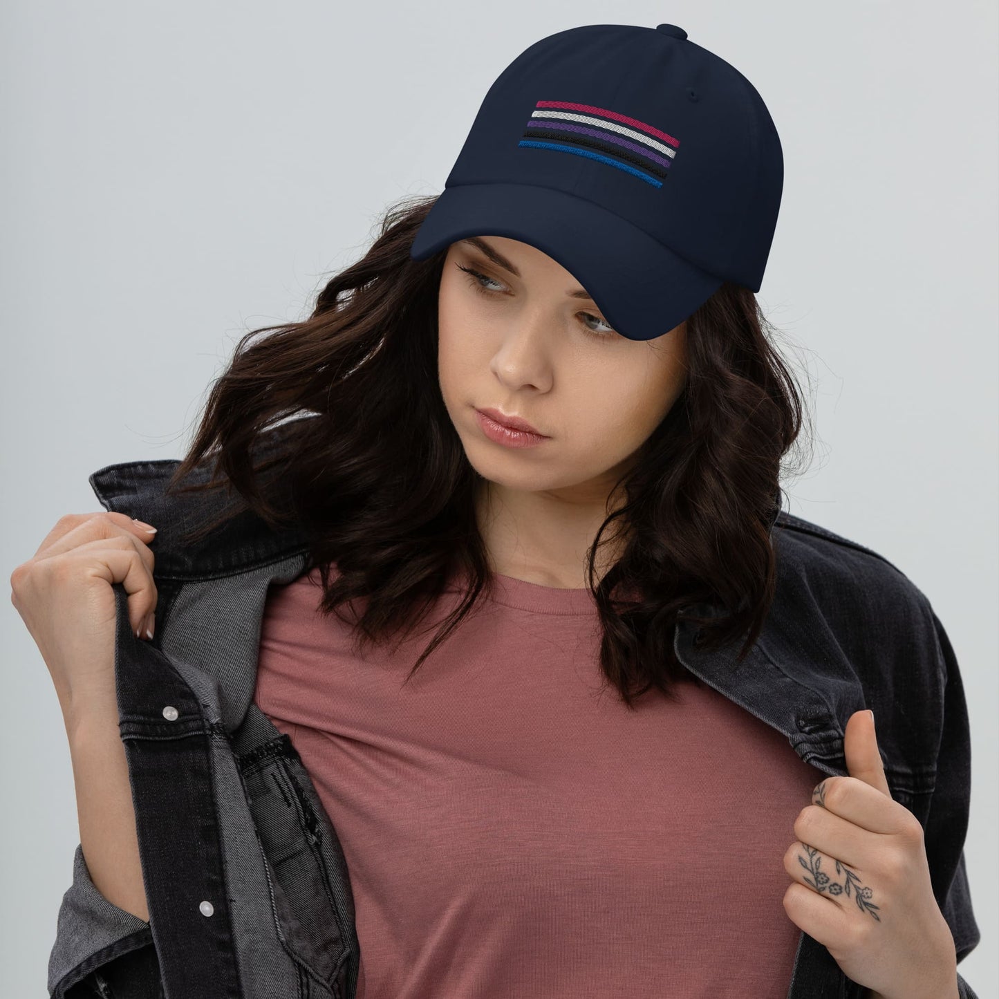 genderfluid hat, gender fluid pride flag embroidered cap, model