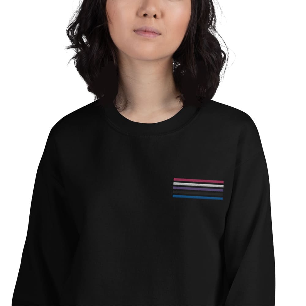 genderfluid sweatshirt, subtle gender fluid pride flag embroidered pocket design sweater, model 2