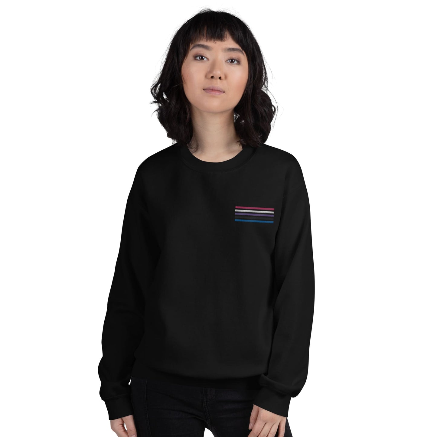 genderfluid sweatshirt, subtle gender fluid pride flag embroidered pocket design sweater, model 2