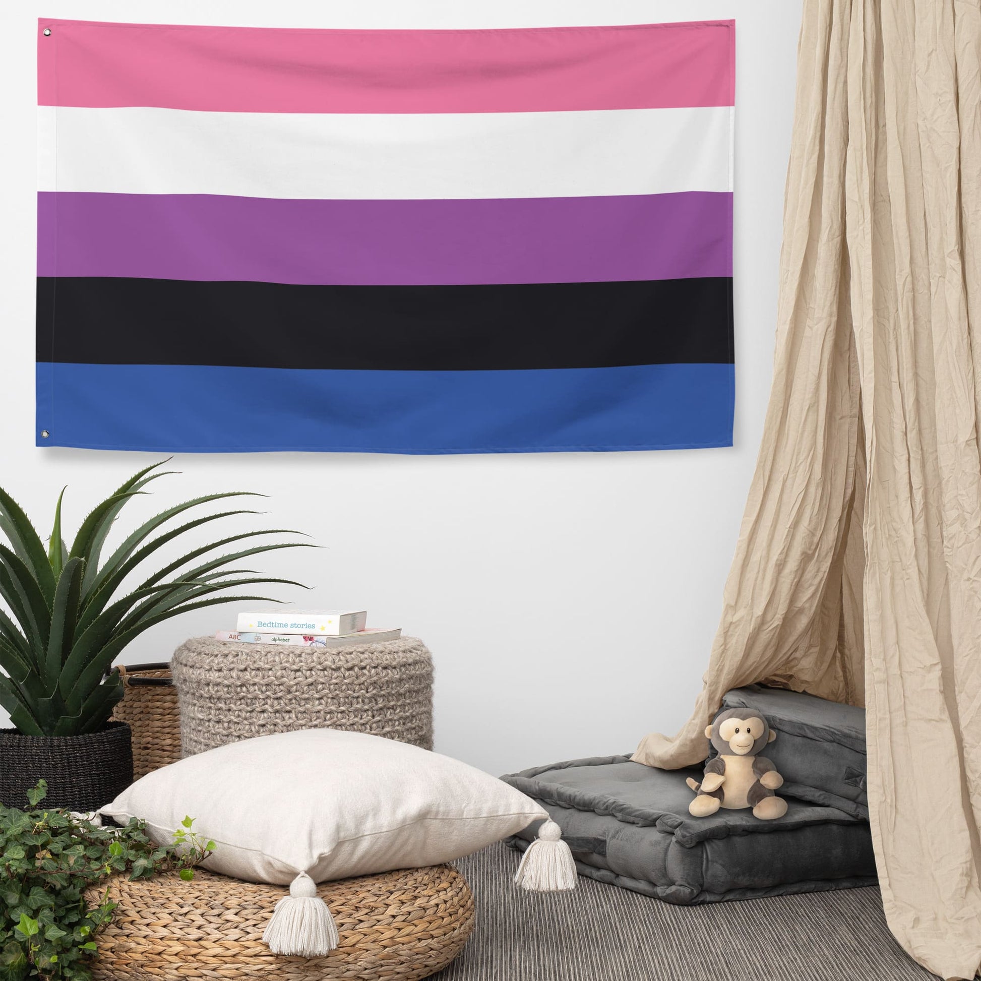 Genderfluid flag wall tapestry, in use