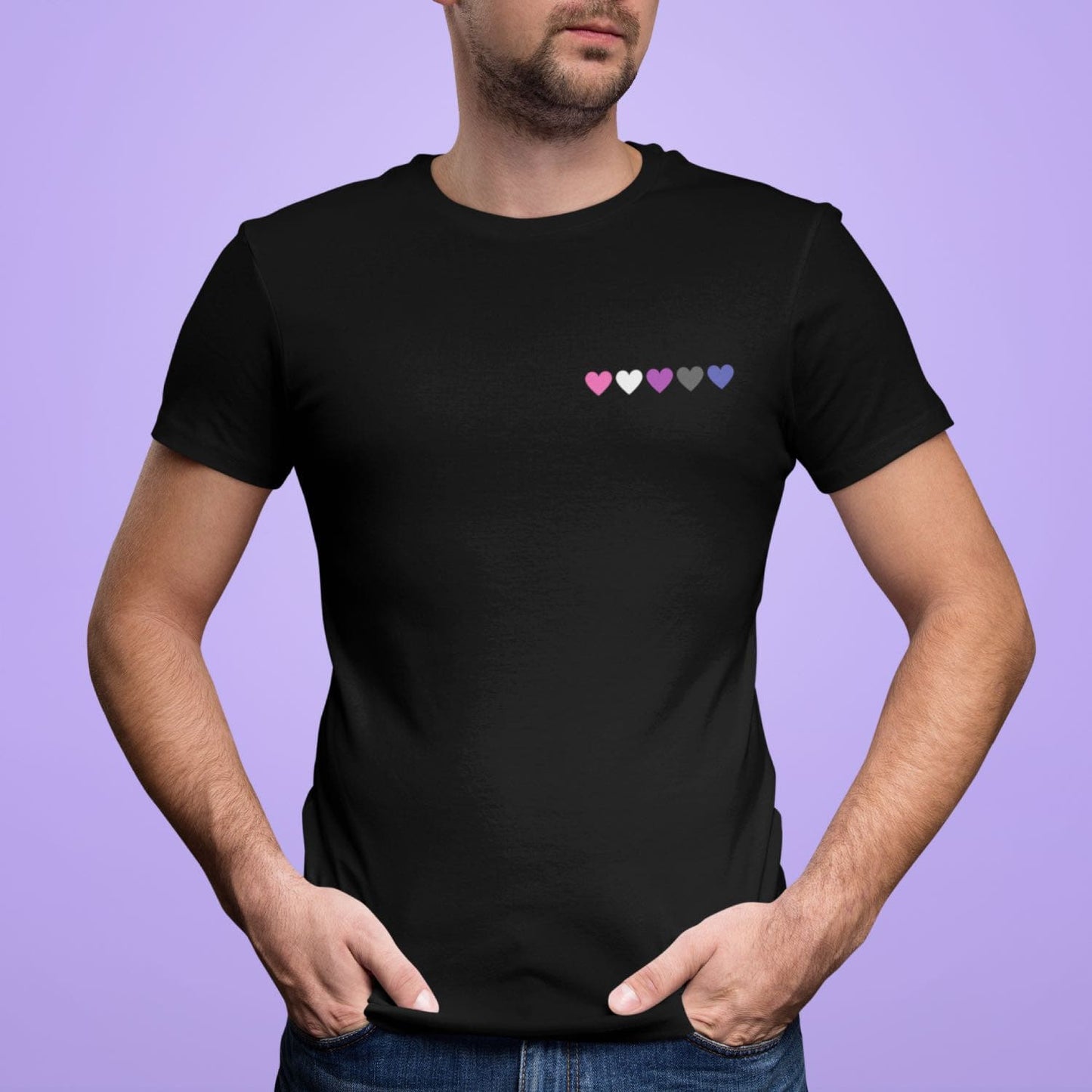 genderfluid shirt, subtle gender fluid pride pocket design tee, in use