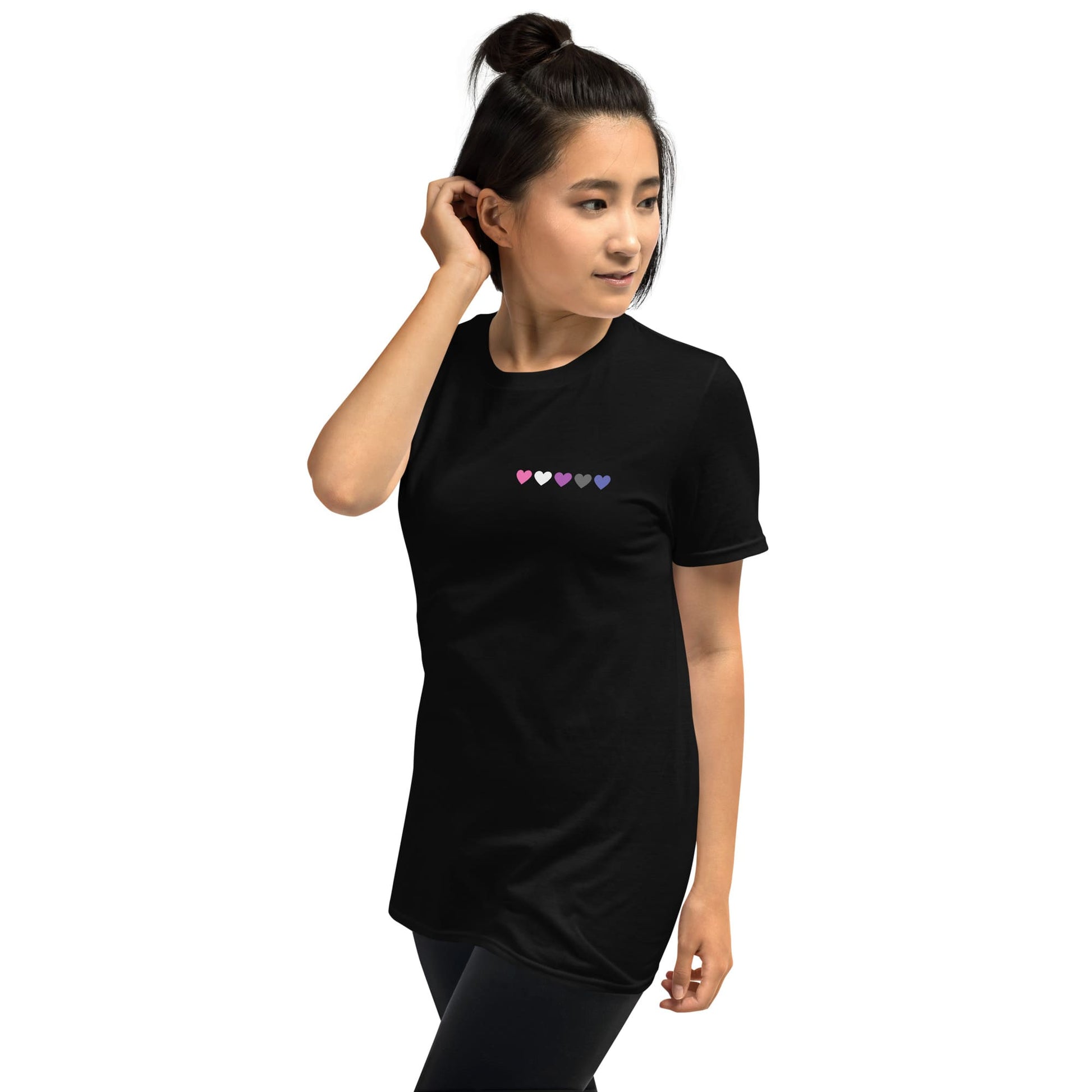 genderfluid shirt, subtle gender fluid pride pocket design tee, model 2